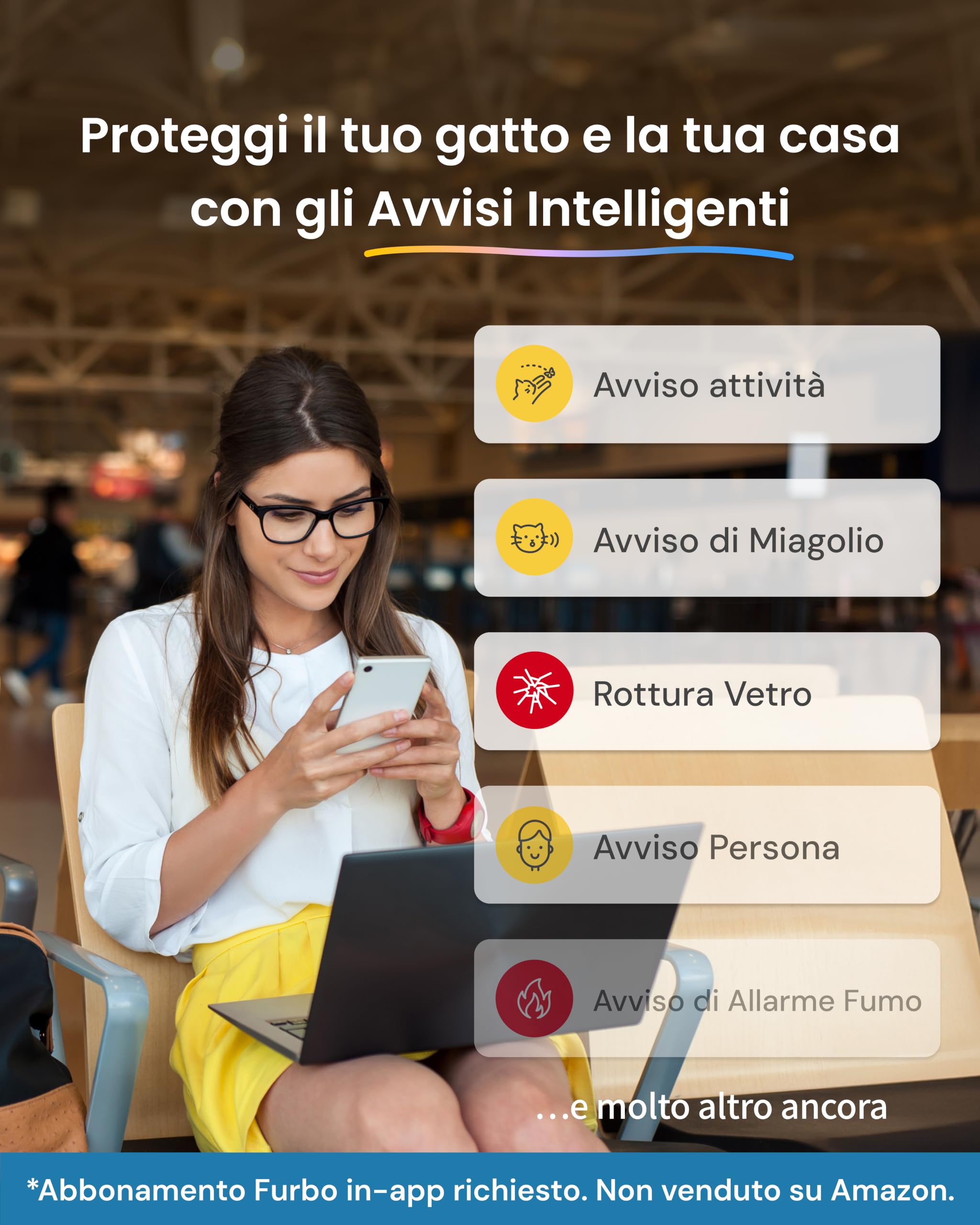 Furbo Videocamera 360° per Gatti con Pacchetto Sicurezza Casa [PREMIUM CON ABBONAMENTO RICHIESTO] Con App, Vista Rotante a 360°, Visione Notturna a Colori, Tracciamento Automatico, Lancio Croccantini