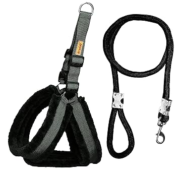 Petshop7 Fur Padded Nylon Dog Harness & Leash Rope Medium (Chest Size - 27-32inch) - Black