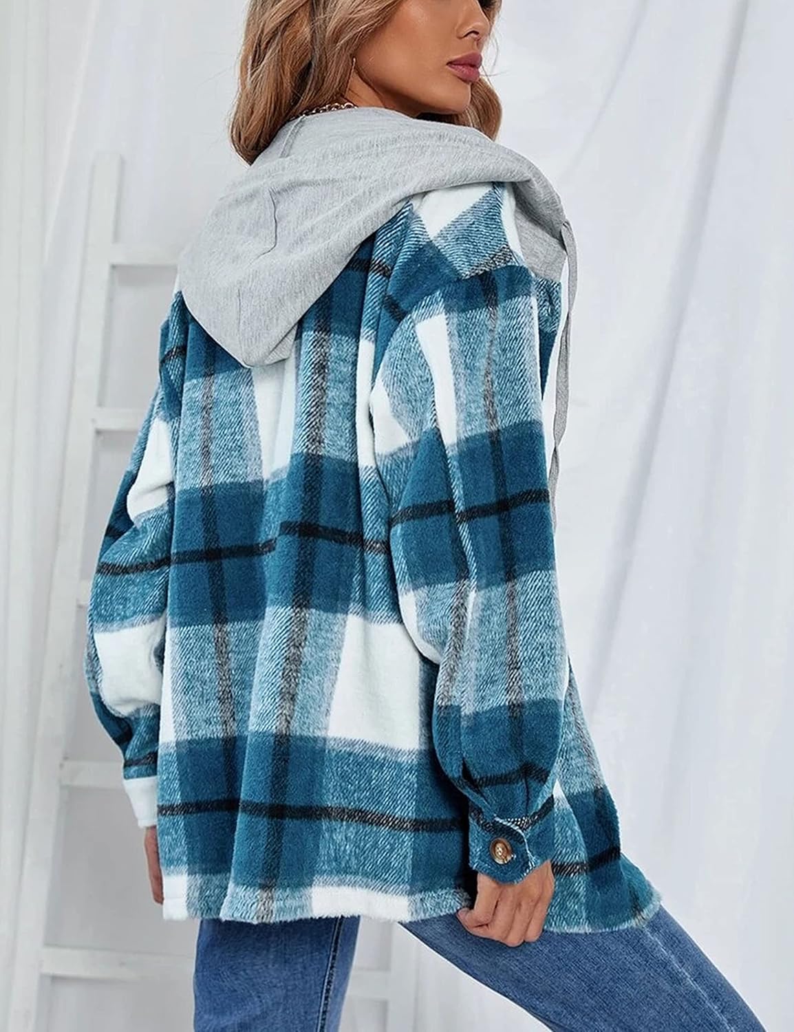 Bozanly Women's Oversized Flannel Plaid Shacket Jacket with Hood Long Sleeve Button Down Shirts Hoodie - Image 5
