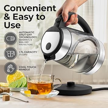 Zulay Kitchen Fast-Boiling Electric Kettle - 1.7L Hot Water Kettle 1500W With Auto Shut-Off - Water Boiler For Coffee & Tea - Boil-Dry Protection, Cool-Touch Handle, 360 Base - Black