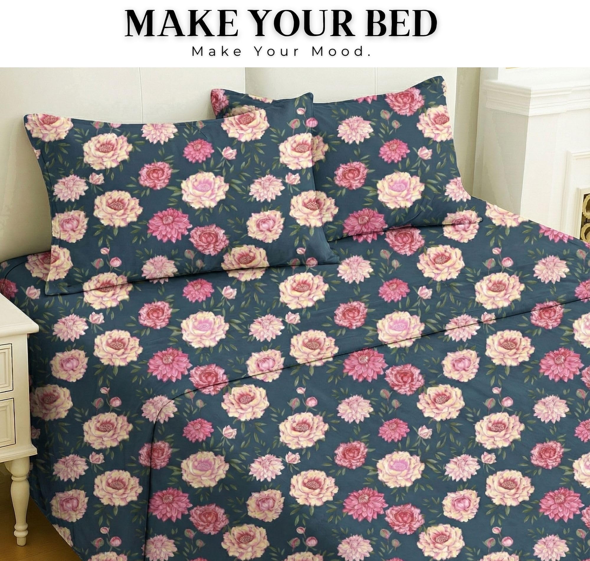 VAS COLLECTIONS Cloud Cotton Double Bedsheet 180 TC | Soft & Breathable Cotton Bedding Set with 2 Pillow Covers | Elegant Floral Printed Bed Sheet for Bedroom & Home | 90 x 90 Inches (Midnight Bloom) 1