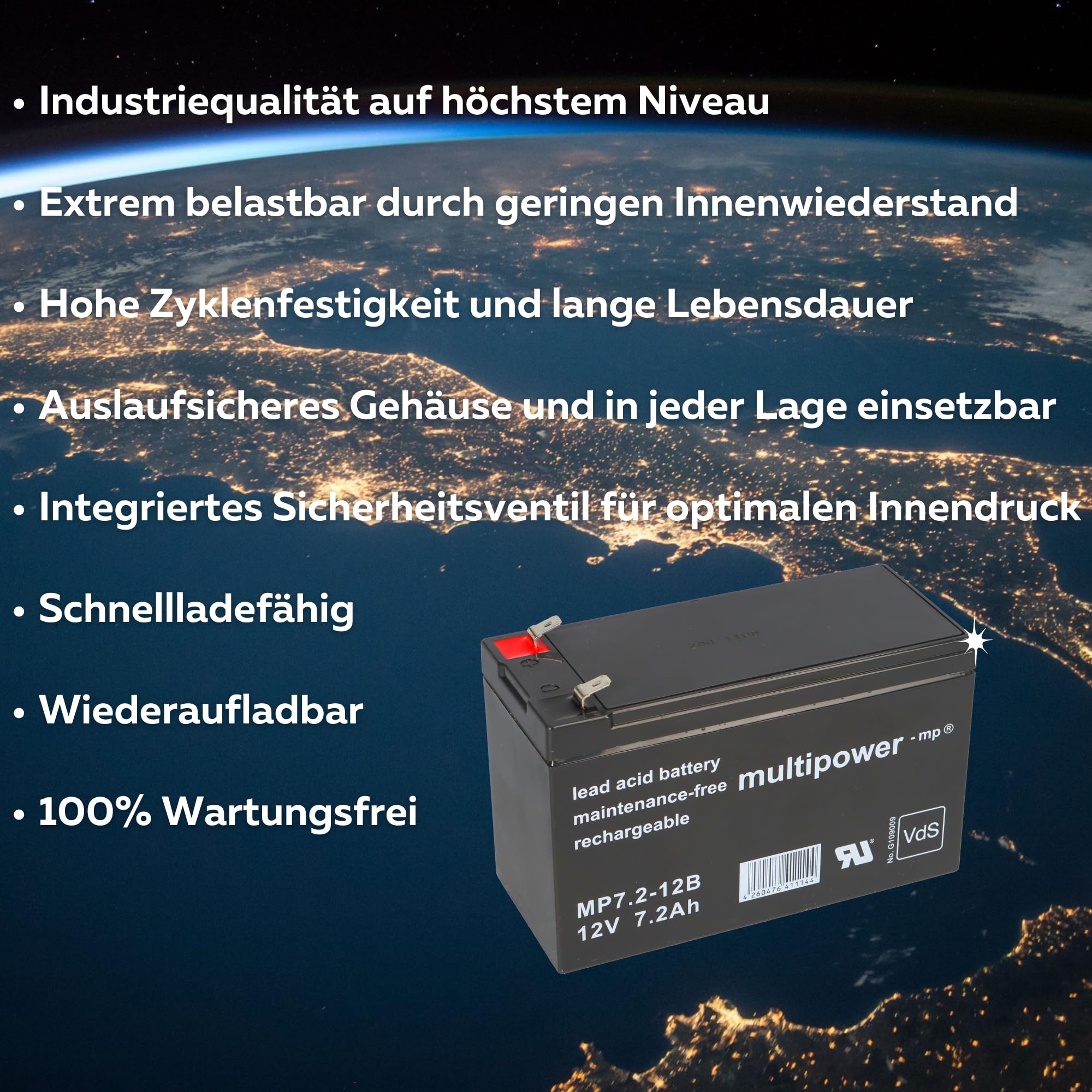 AGM Bleiakku 12V 7Ah VDs MP7-12B, Faston 6,3 mm, wartungsfrei – für USV, Alarmanlage, Notbeleuchtung – kompatibel mit 12V Ladegerät 1A IU DL12-1.0