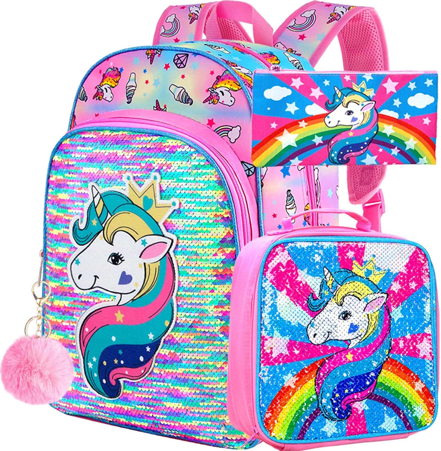 3PCS Girls Backpack, 16" Sequin Prechool Elementary Bookbag and Lunch Box