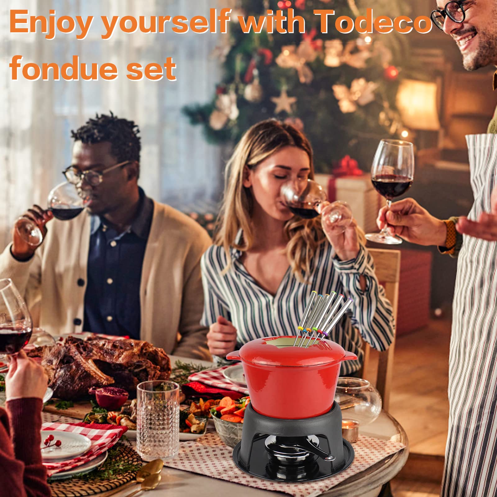 Todeco Service à Fondue avec 6 fourchettes, Set à Fondue pour Fondue Savoyarde, Bourguignonne et au Chocolat, Fondue au Fromage pour 6 Personnes, 27,5 x 21 x 21 cm, Rouge