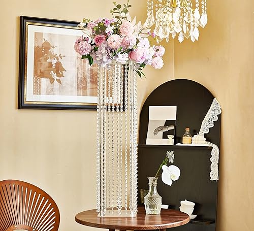 Miniatura 3 de Soporte de flores de columna de acrílico con cuentas de cristal de araña, 2 piezas de 31.5 pulgadas, jarrones altos de acrílico para centros de