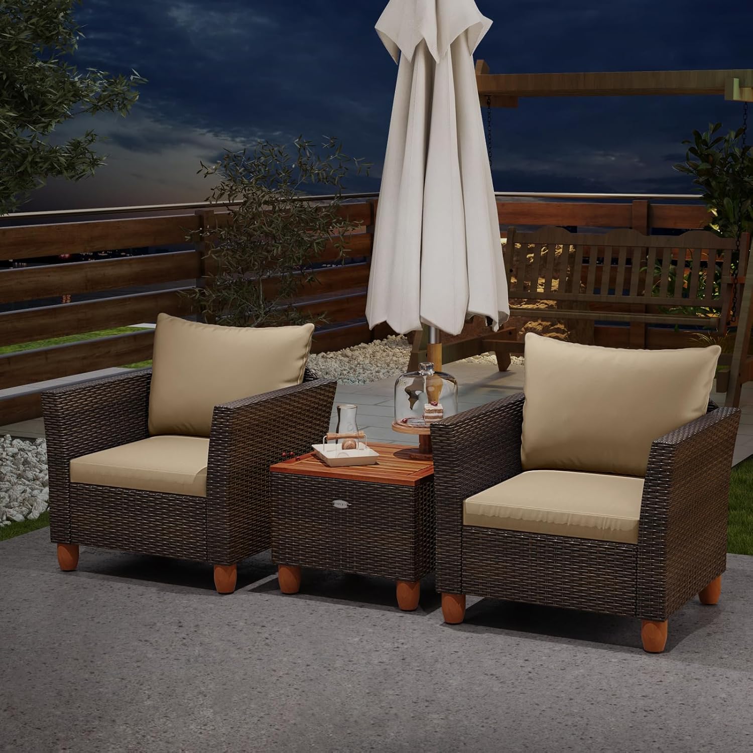 Tangkula 3 Piece Patio Furniture Set, Patiojoy Outdoor PE Wicker Bistro Set with Soft Cushions and Solid Acacia Wood, Outdoor Conversation Set with Porch, Balcony and Garden