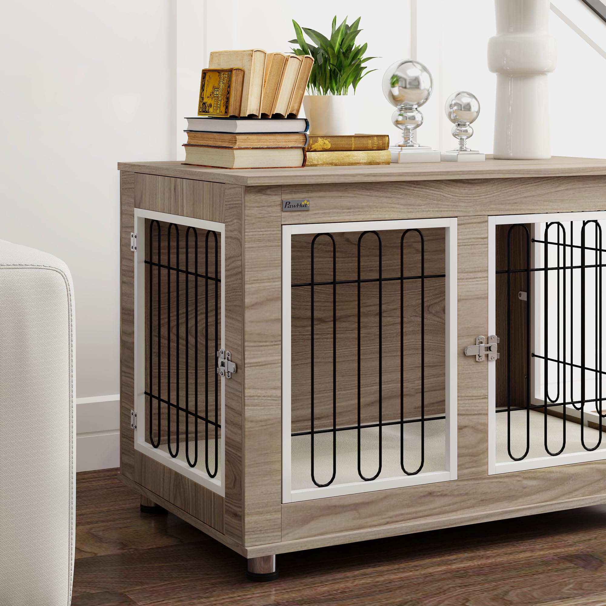 PawHut - Jaula para perro, mueble de jaula para perro, interior, mesa auxiliar multiusos con doble puerta y cojín, para perro, tamaño mediano y grande, 90 x 58 x 65 cm, aspecto nogal