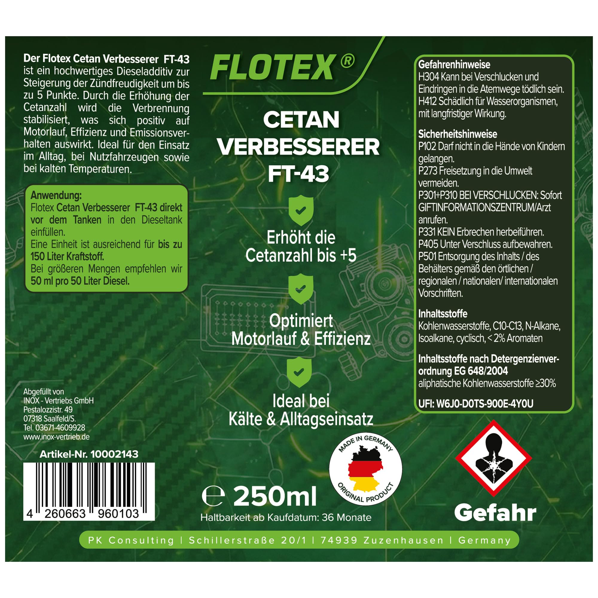 Cetan Verbesserer FT-43 6 x 250 ml | Diesel Cetan Booster & Dieseladditiv zur Erhöhung der Cetanzahl um bis zu 5 Punkte | Für ruhigeren Motorlauf, bessere Zündwilligkeit & Kaltstart