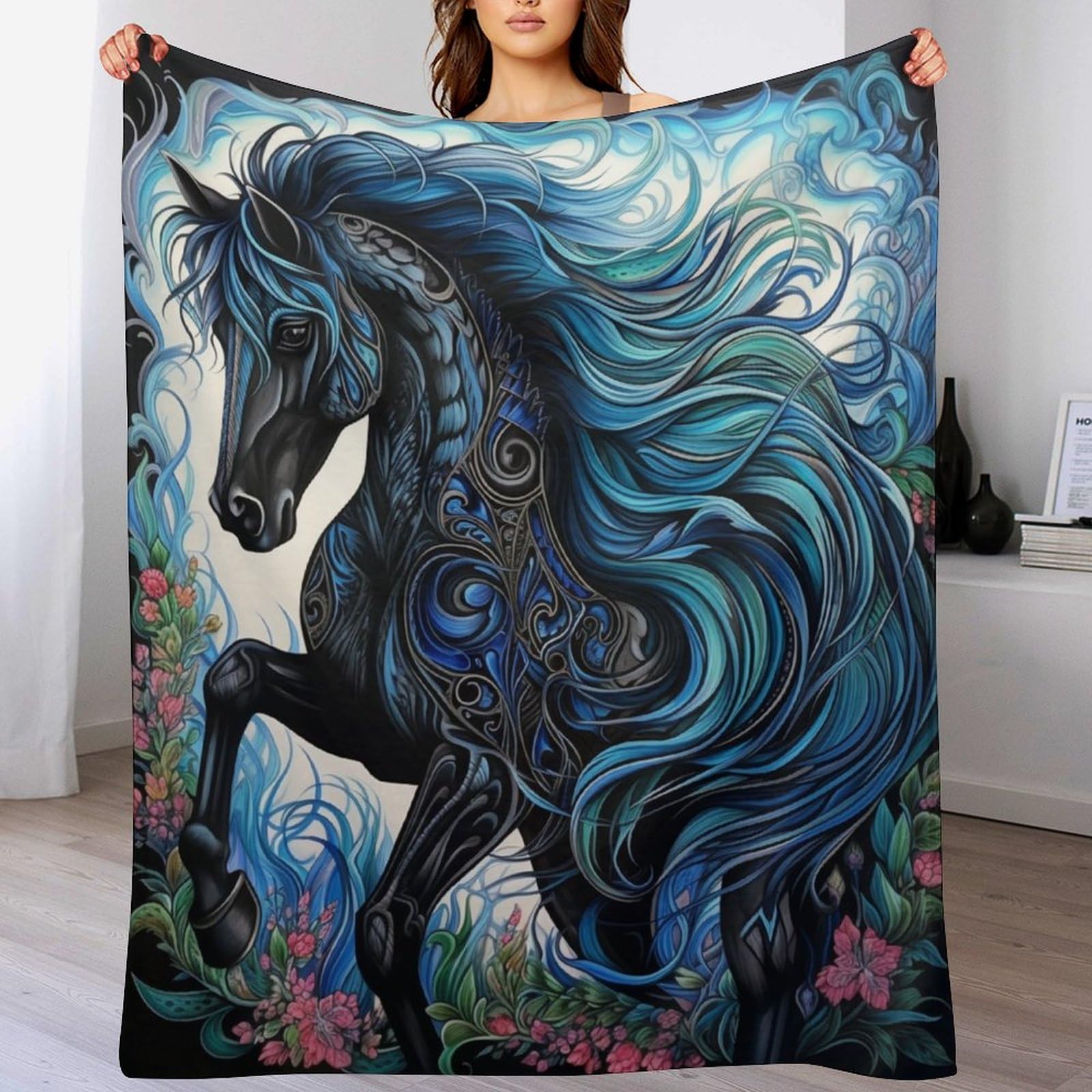 Pferd Dick Decke Weich Wärme Gemütlich Flannel-Fleece Sofadecke Deckeldecke 3D Bilder Wohndecke Für Bett/Sofa（180×200cm）
