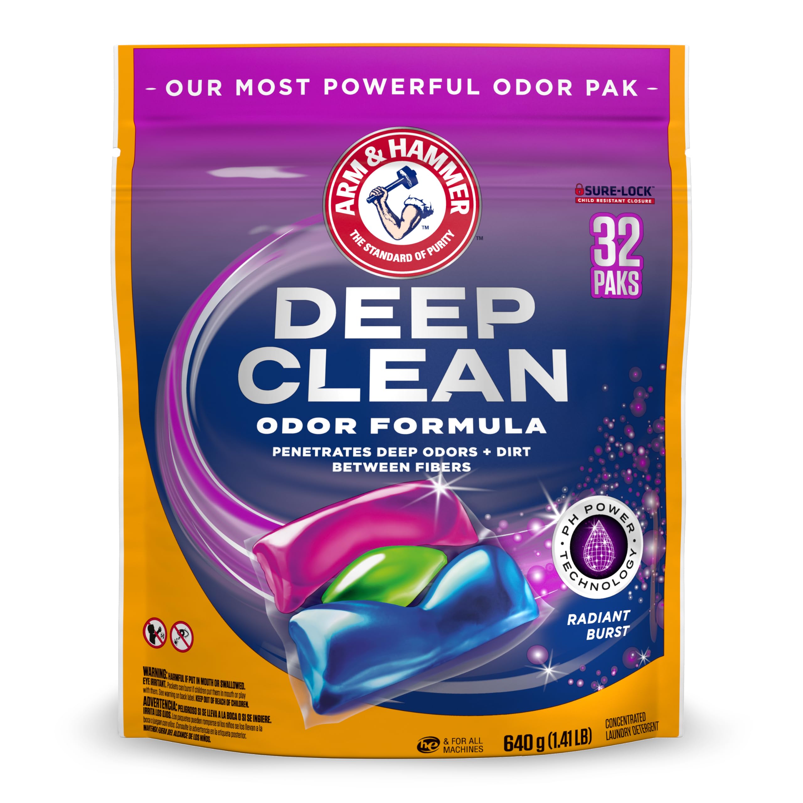 ARM & HAMMER Deep Clean Odor Formula Laundry Detergent Power Paks Radiant Burst 32 Count (Pack of 1)