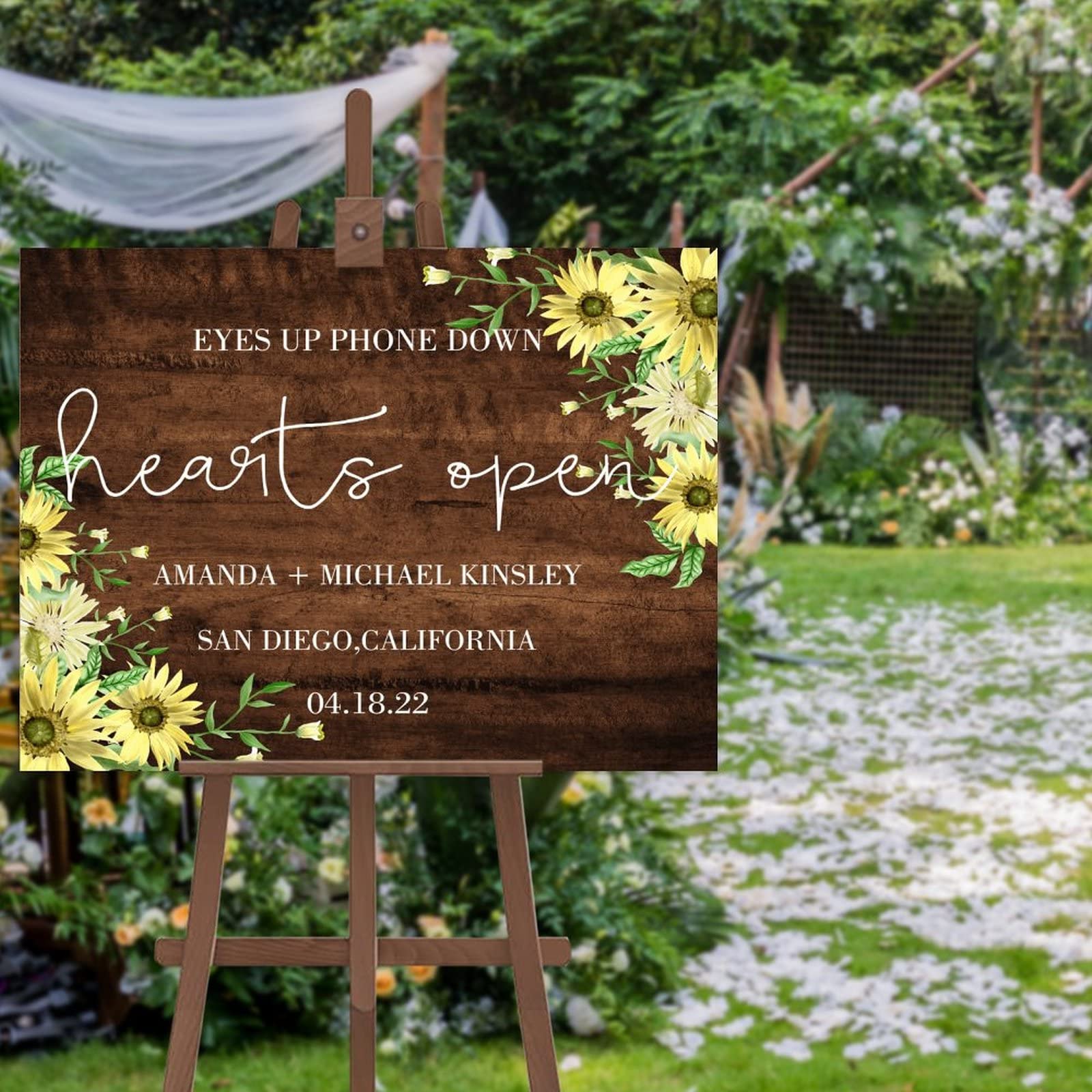 Panneau de bienvenue rustique pour mariage avec yeux vers le bas et cœurs ouverts en bois pour décoration de cérémonie, de fiançailles, 45,7 x 61 cm