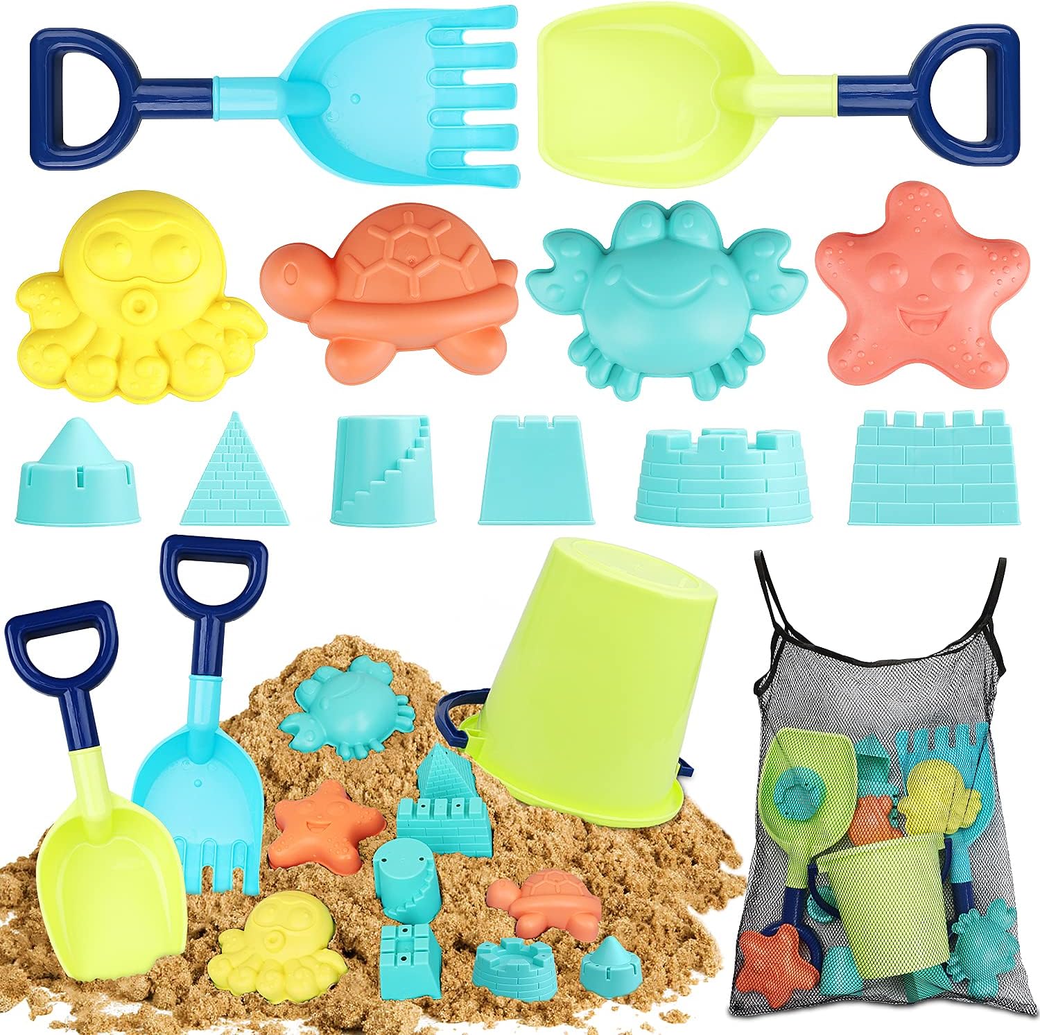 TOY Life Beach Toys for Kids 3-10 - Sand Toys Set Includes Sand Bucket, 2 Sand Shovel, Sand Castle Molds, Animal Molds, Sand Castle Toys for Beach - Sandbox Toys Set with Bonus Waterproof Carrying Net : Toys & Games