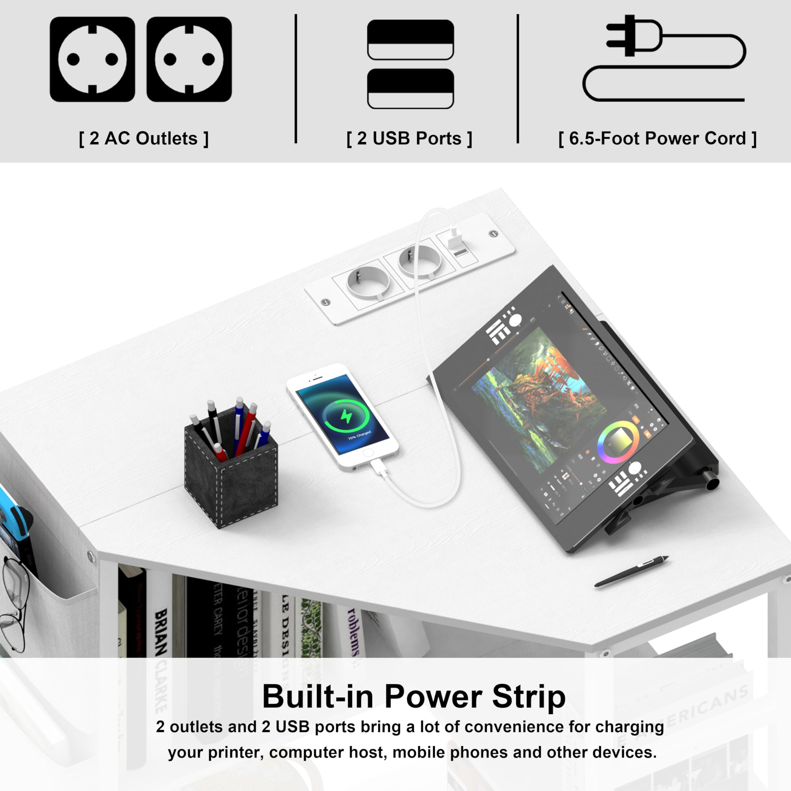 VEDECASA Supporto angolare per stampante, a 3 ripiani, con stazione di ricarica, supporto per stampante su 2 prese e 2 porte USB, tasche laterali, piedini regolabili, supporto per CPU per ufficio
