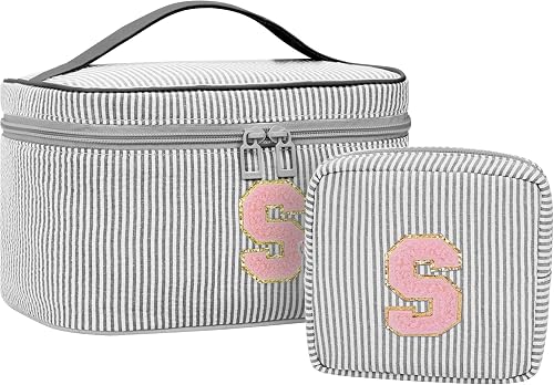 MONSTINA Makeup Bag for Women - Personalized Initial Cute Makeup Bag with Brush Hodler and Divider, Black, 24.7*17.5*14cm/9.72*6.89*5.51in, S