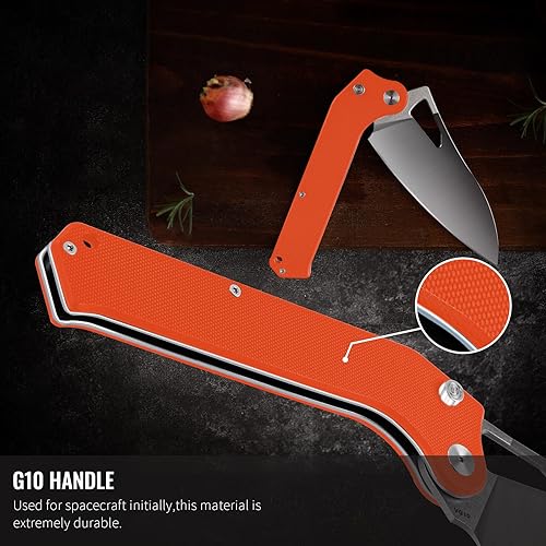 Miniatura 6 de TACRAY Cuchillo de chef plegable de cocina, cuchillo de camping plegable con hoja de acero inoxidable VG10, mango G10 de diseño ergonómico y