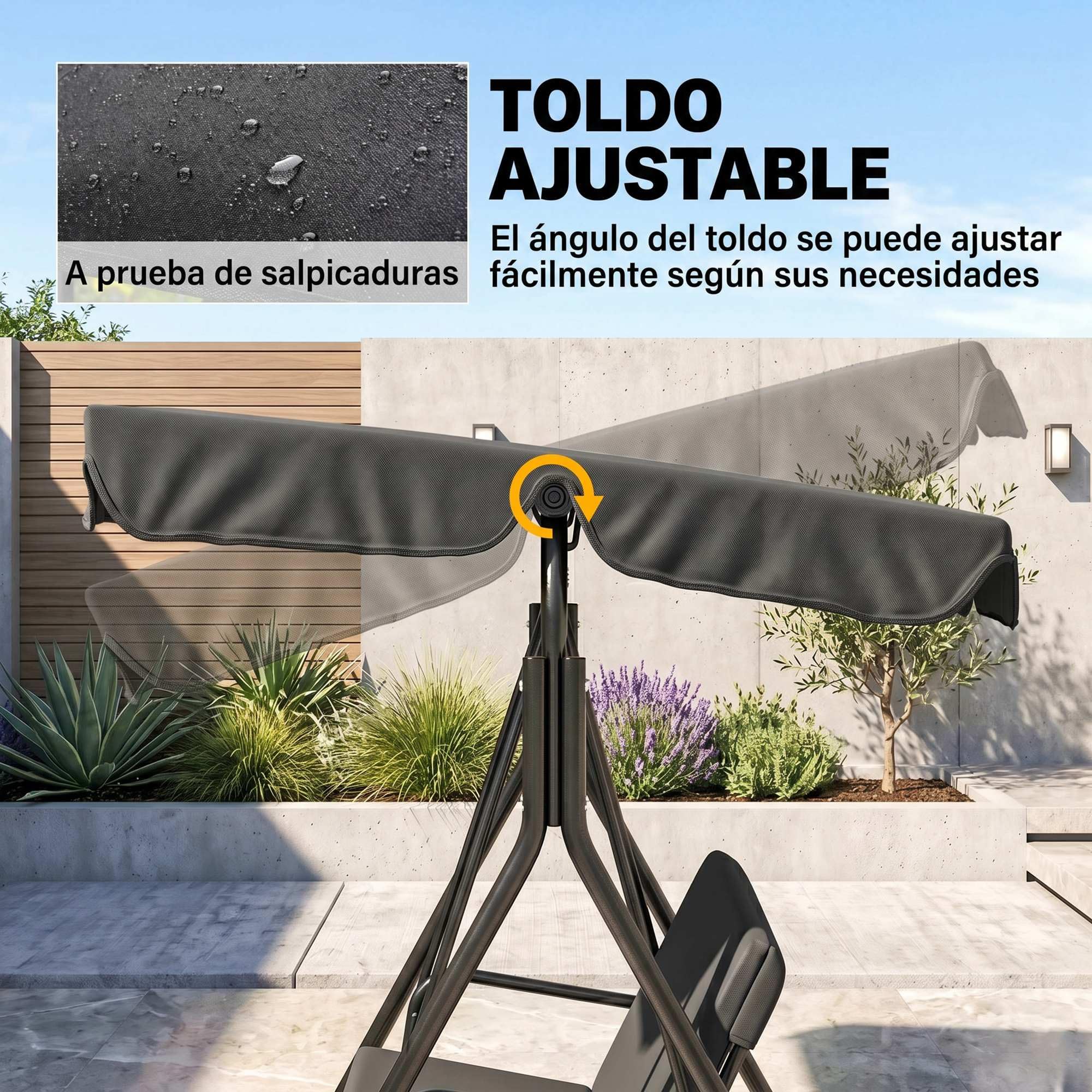 Outsunny Columpio de Jardín Exterior de 3 Plazas, Balancín de Jardín Exterior con Techo Ajustable y Marco de Acero, para Balcón, Terraza, Patio, Carga 200 kg, 172x110x153 cm, Negro