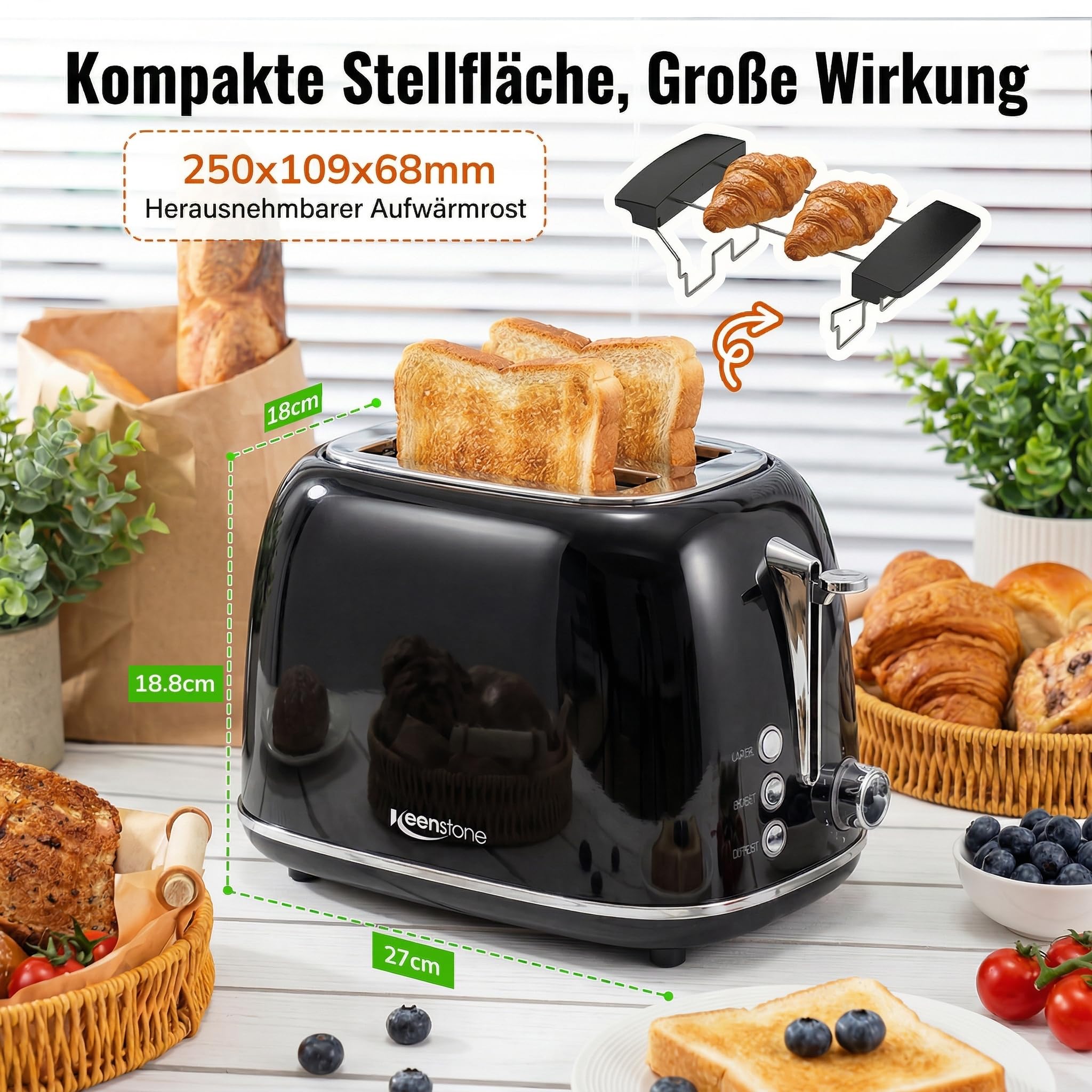 Keenstone Toaster 2 Scheiben, Retro Edelstahl Toaster mit breitem Schlitz, 6 Bräunungsstufen, mit Warmhalterost, Aufwärm- & Auftaufunktion, für Toast und Brot, herausnehmbare Krümelschublade