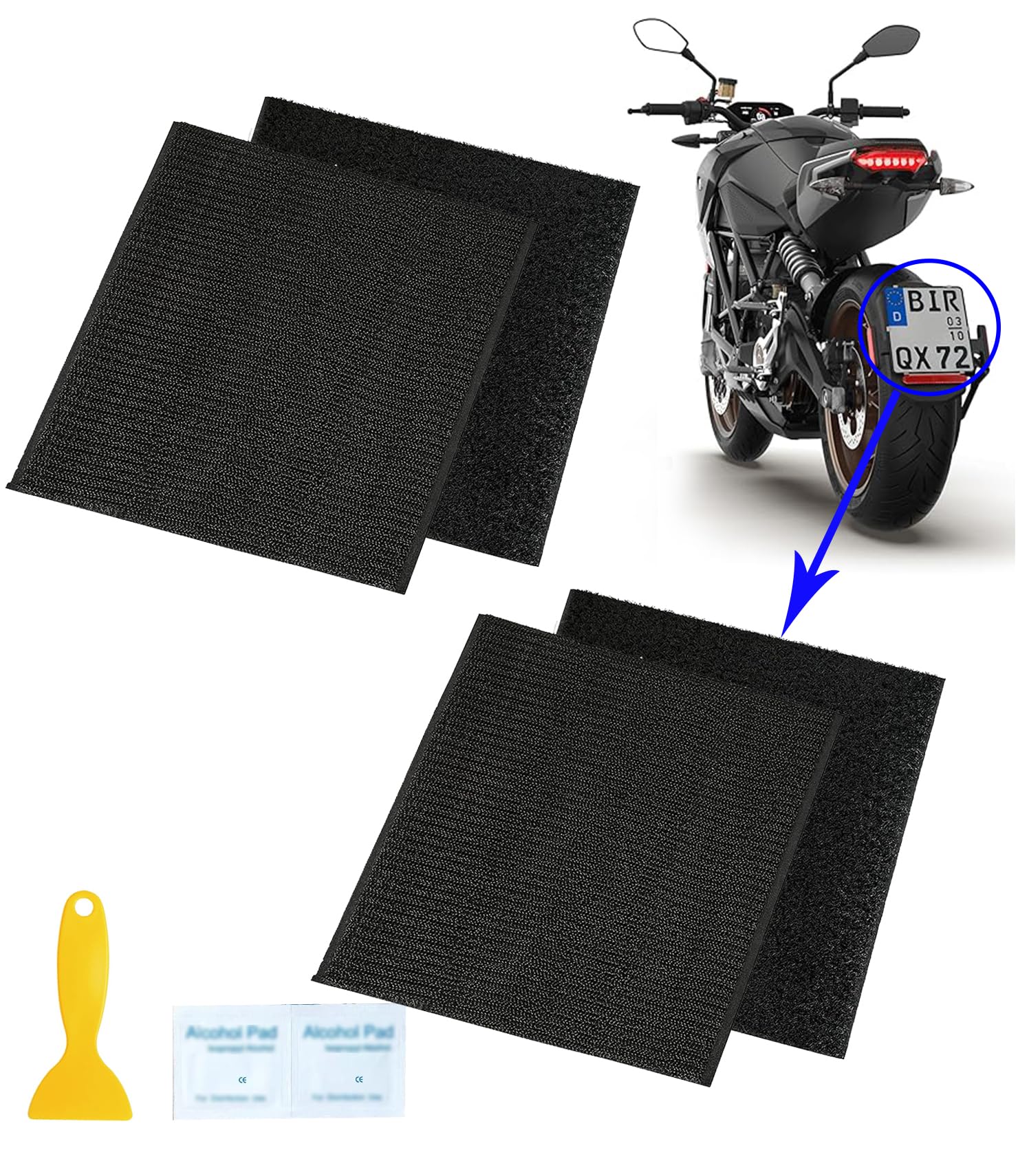 2 zestawy uchwytów do tablic rejestracyjnych motocykli, 180 x 200 mm, rzep do tablic rejestracyjnych motocykli, samoprzylepny rzep przeciwpadowy