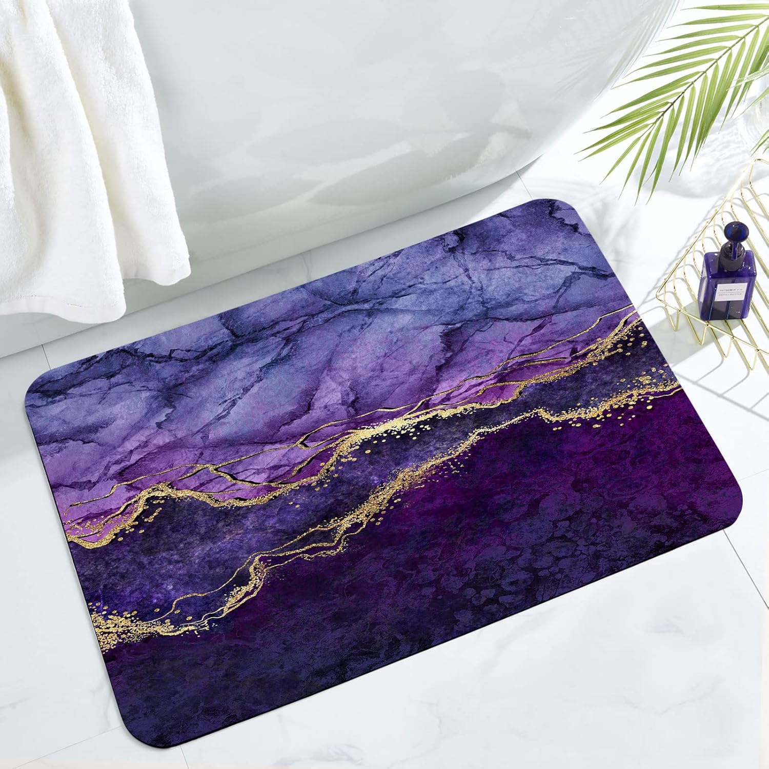 MitoVilla Purple Bathroom Rug Mat, Abstract Gold Marble