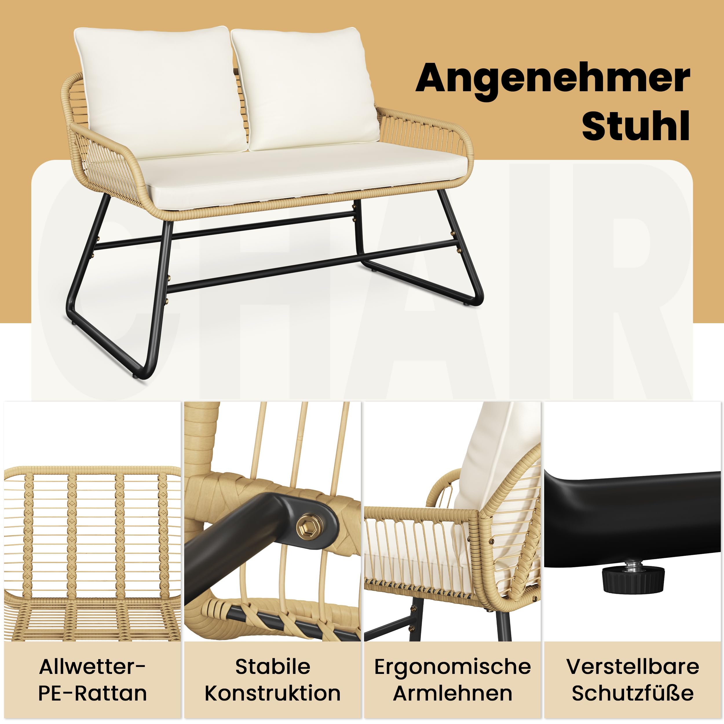 Yaheetech Polyrattan Gartenmöbel Set 4-teilig, Balkonmöbel Lounge-Set inkl.2-Sitzer 2 Sessel Tisch, Wetterfest Terrassenmöbel Sitzgruppe mit Kissen für Balkon Garten, Hellbraun & Cremeweiß