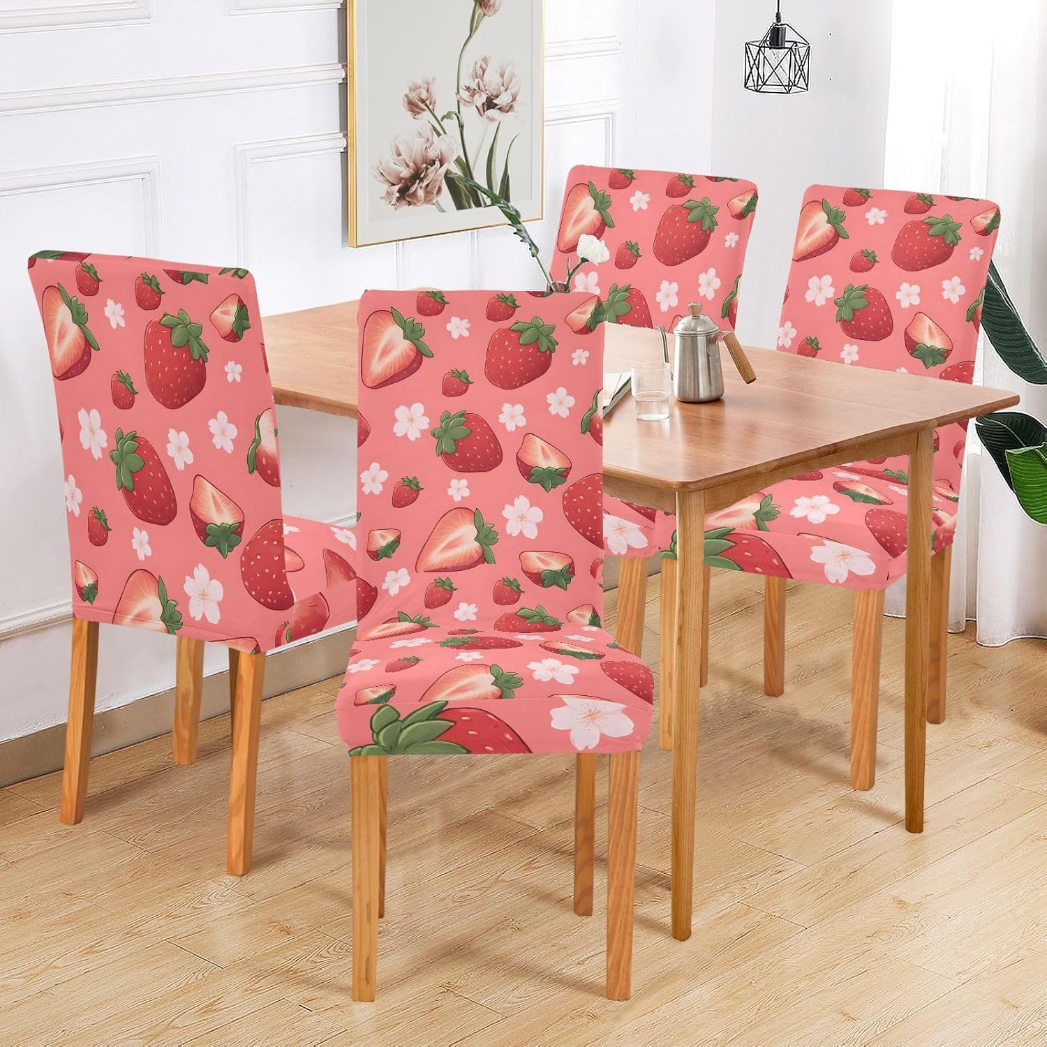 ALAZA Chair Covers for Dining Room, Strawberry Flower Pattern Stretch Chair Cover Sets Chair Protector Removable Washable for Ktichen Restaurant Hotel