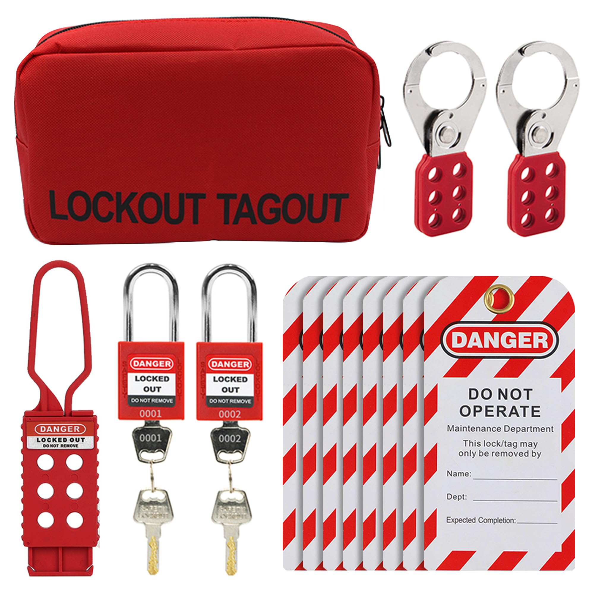 Kit de etiquetado de bloqueo eléctrico de seguridad para grupo Loto con 2 llaves diferentes, 8 etiquetas de etiquetado, 1 hebilla de nailon, 1 bolsa de bolsillo