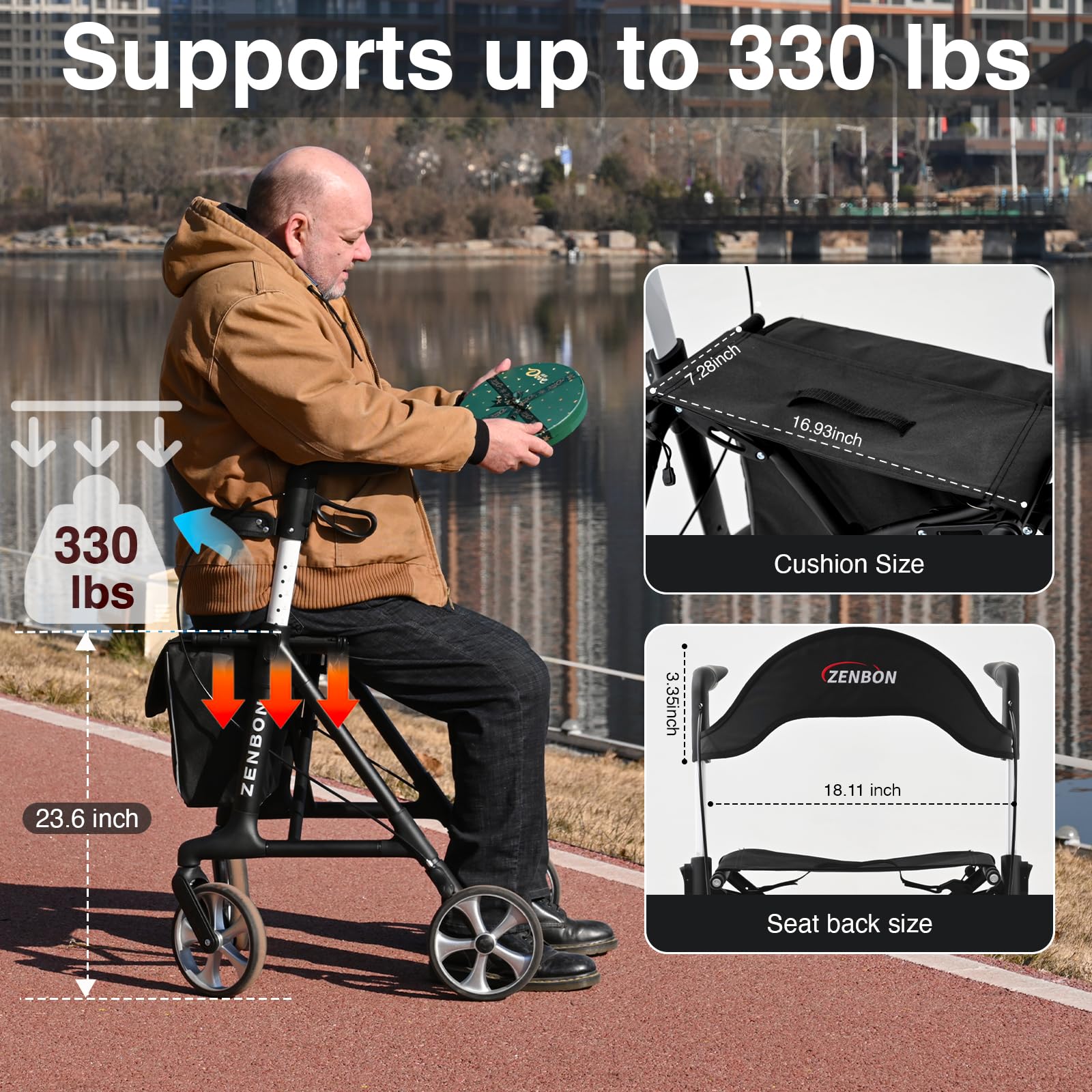 Rollator Walker for Seniors/Adults Foldable Rolling Walker with Seat 330 lbs Capacity 4 Big 7.9 inch Wheels Hand Grips Adjustable Height Lightweight Durable Aluminum Walker Removable Back Support