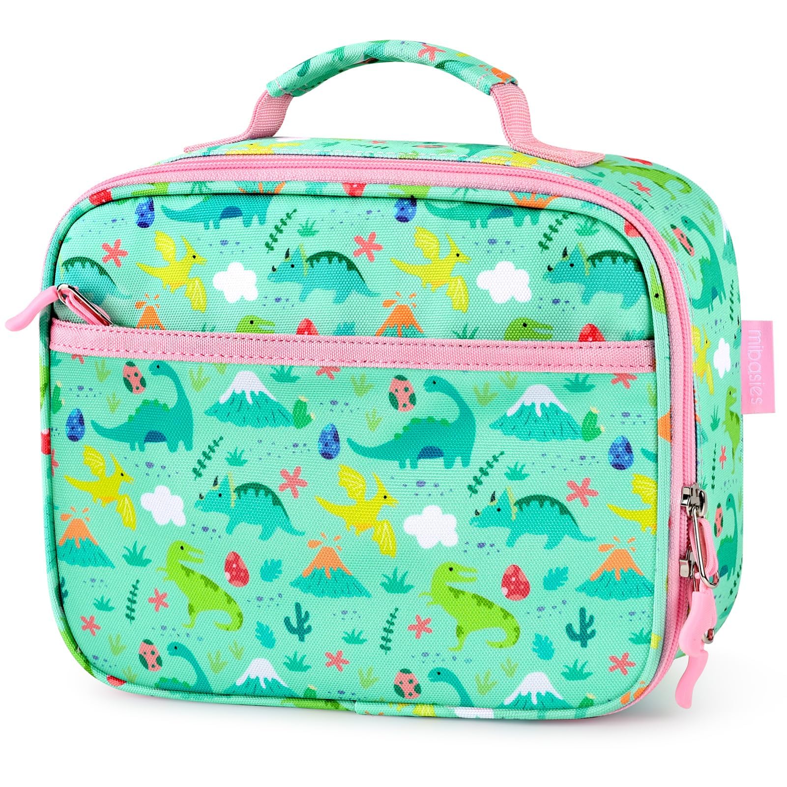 mibasies Kids Lunch Box for Girls Toddler, Insulated and Reusable Lunch Bag for School, Light Green Dinosaur Forset