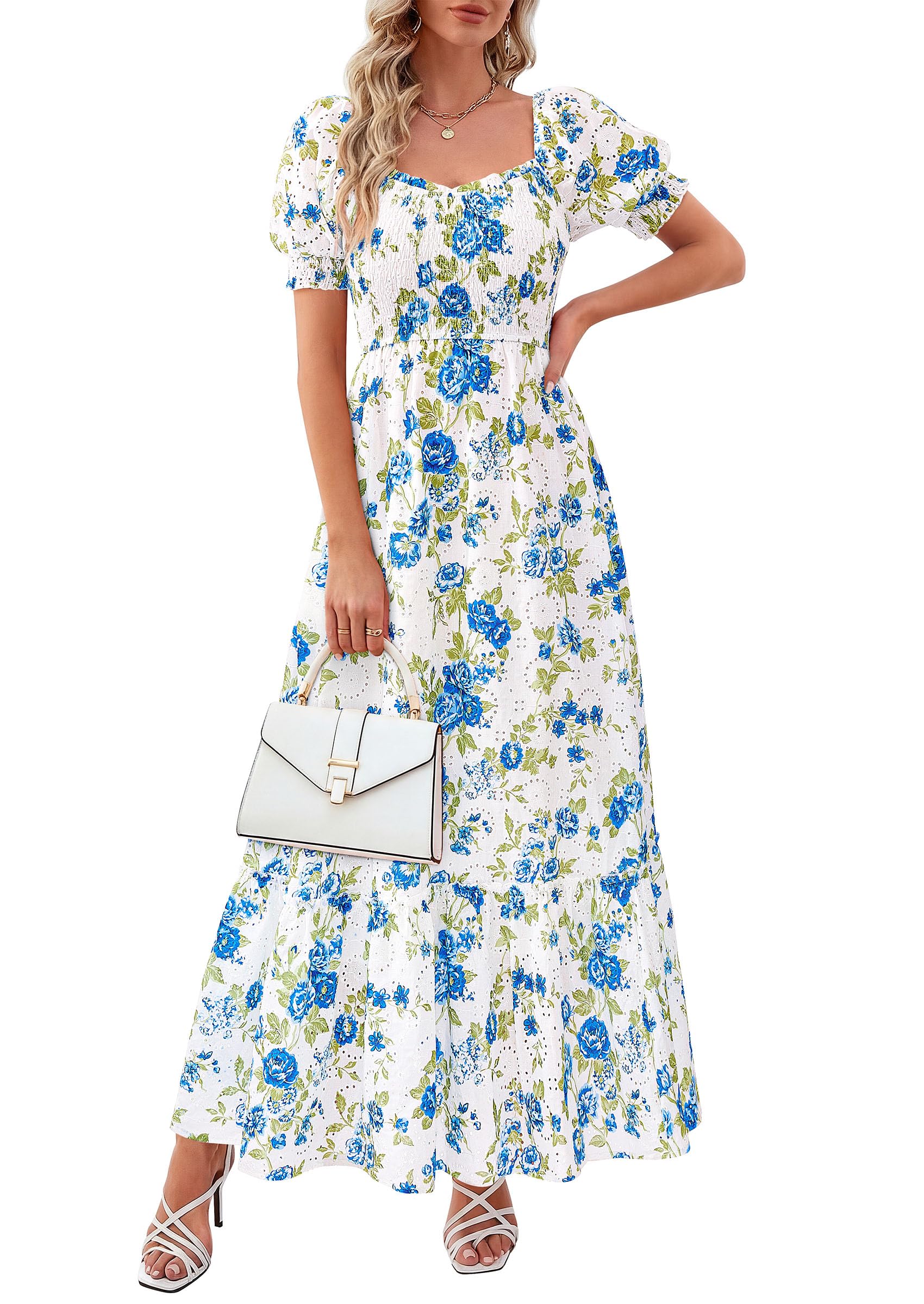 Women's Floral Boho Maxi Dresses Flowy Short Sleeve A Line Smocked Eyelet 2026 Summer Beach Vacation Clothes