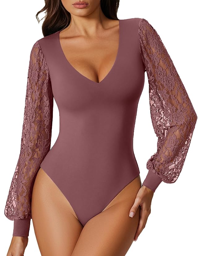 Avidlove Womens Long Sleeve Bodysuit Double Lined V Neck Lace Puff Sleeves Going Out Top Shirts Thong Leotard