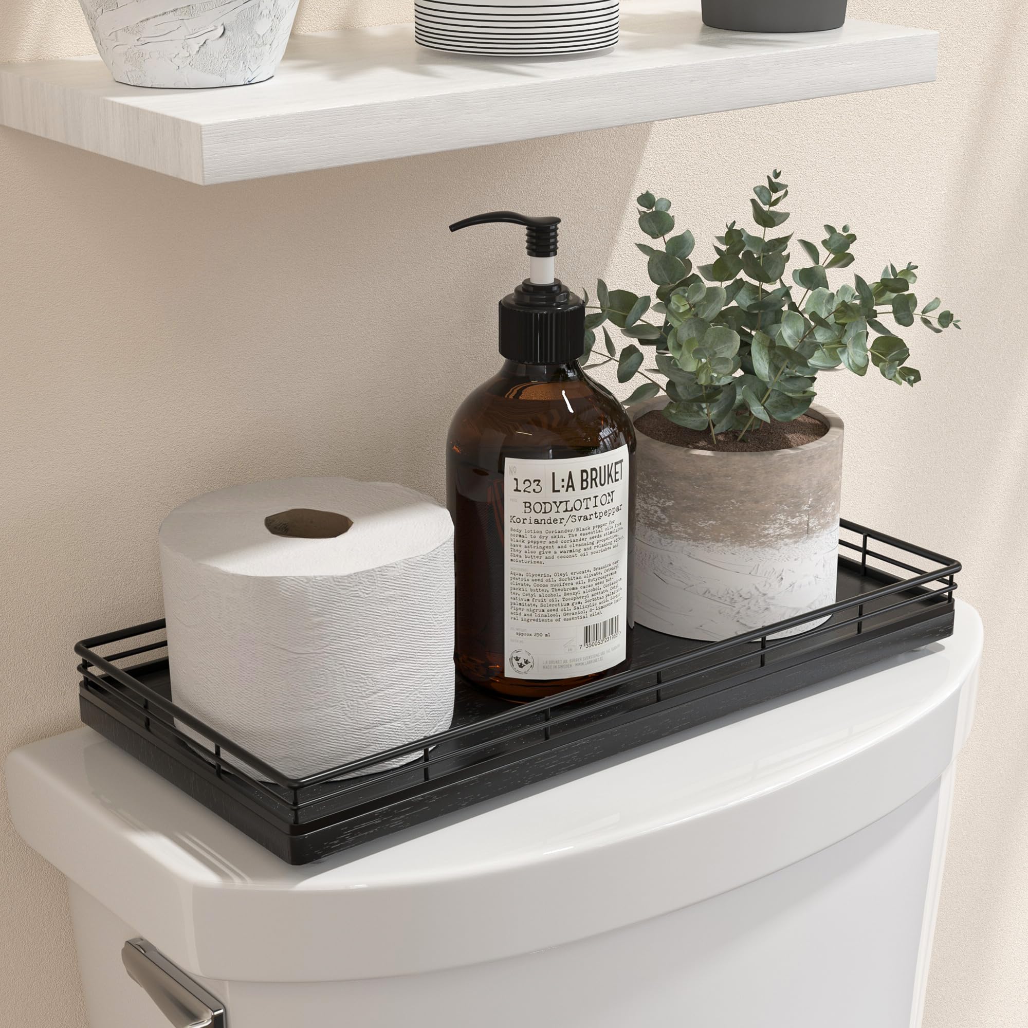 Oak Bathroom Toilet Tank Tray, 13" Wood Toilet Paper Storage Basket Back of Toilet Basket Organizer, Vanity Tray for Perfume Makeup Candle Kitchen Counter Coffee Table Black Tray Decor