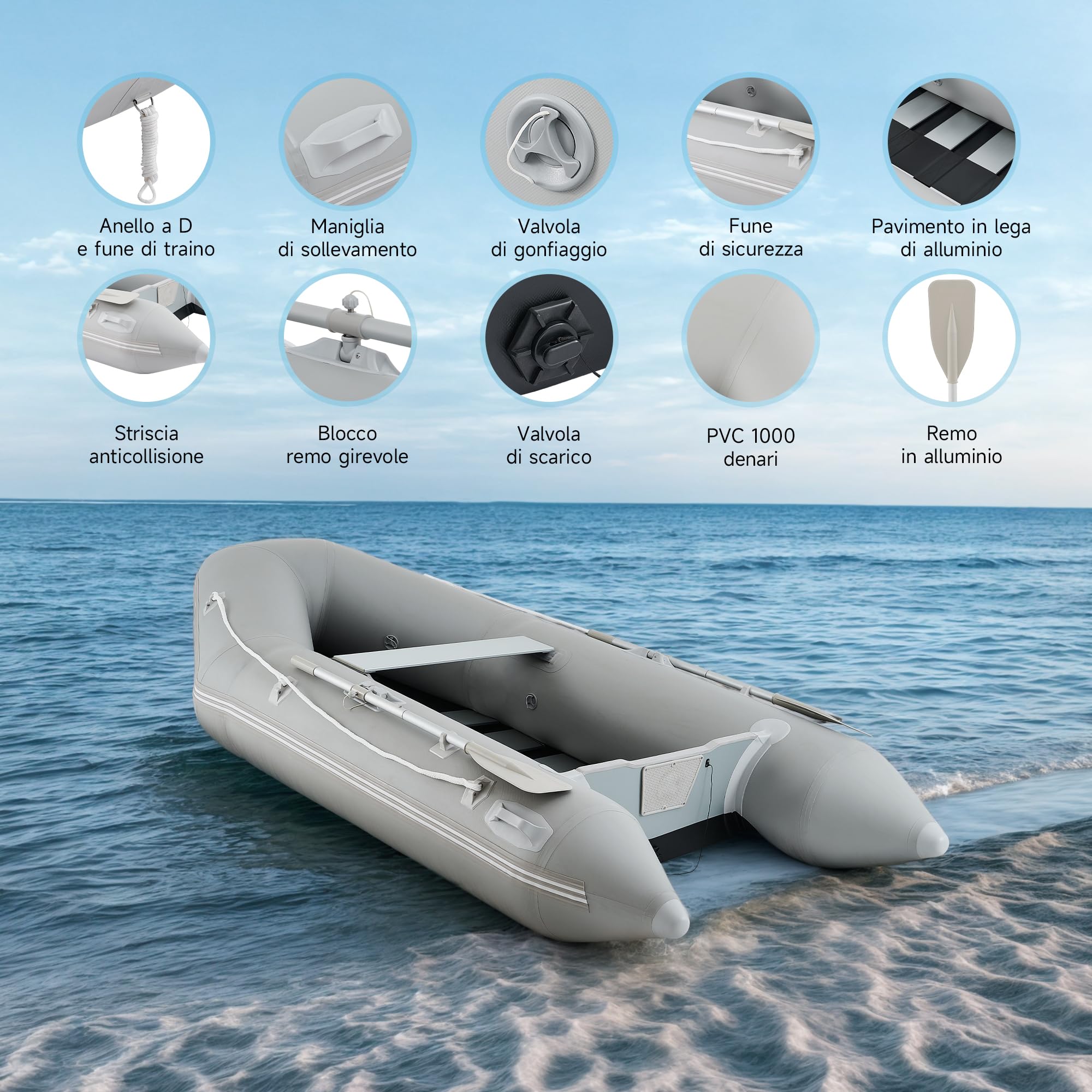 CO-Z 2.3m/3m Gommone Gonfiabile per Adulti Tender Gommone per 2/4 Persone Gommone Fondo in Lega Alluminio per Pesca Nautica Gioco Compatibile con Motore Fuoribordo (Capacità 300 kg /450 kg)