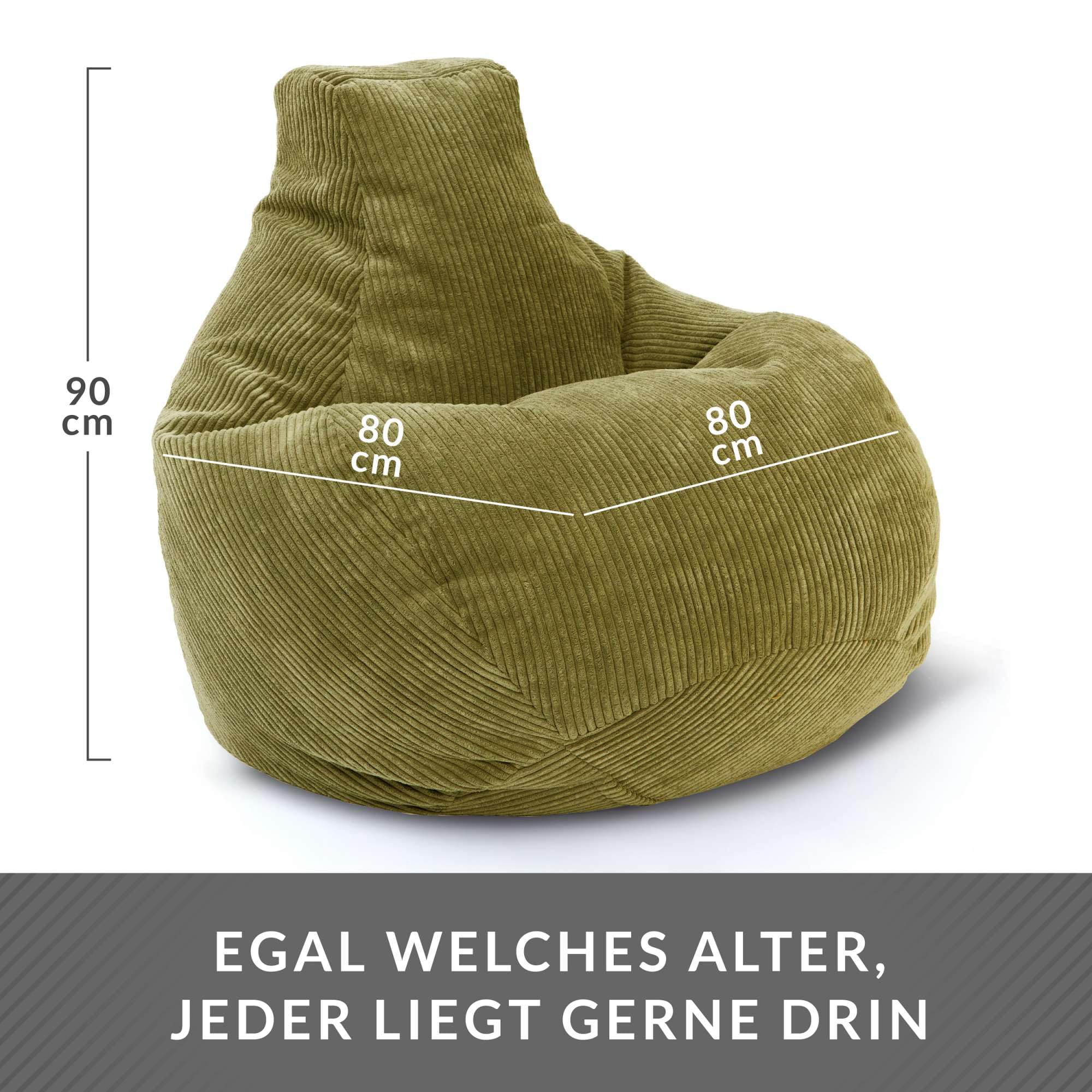Green Bean© Pouf avec Dossier 80x80x90cm - Gaming Chair avec Remplissage 230L Tissu Velours côtelé - Bean Bag Coussin de Sol Lounge Pouf Fauteuil Relax Gamer Chaise Vert