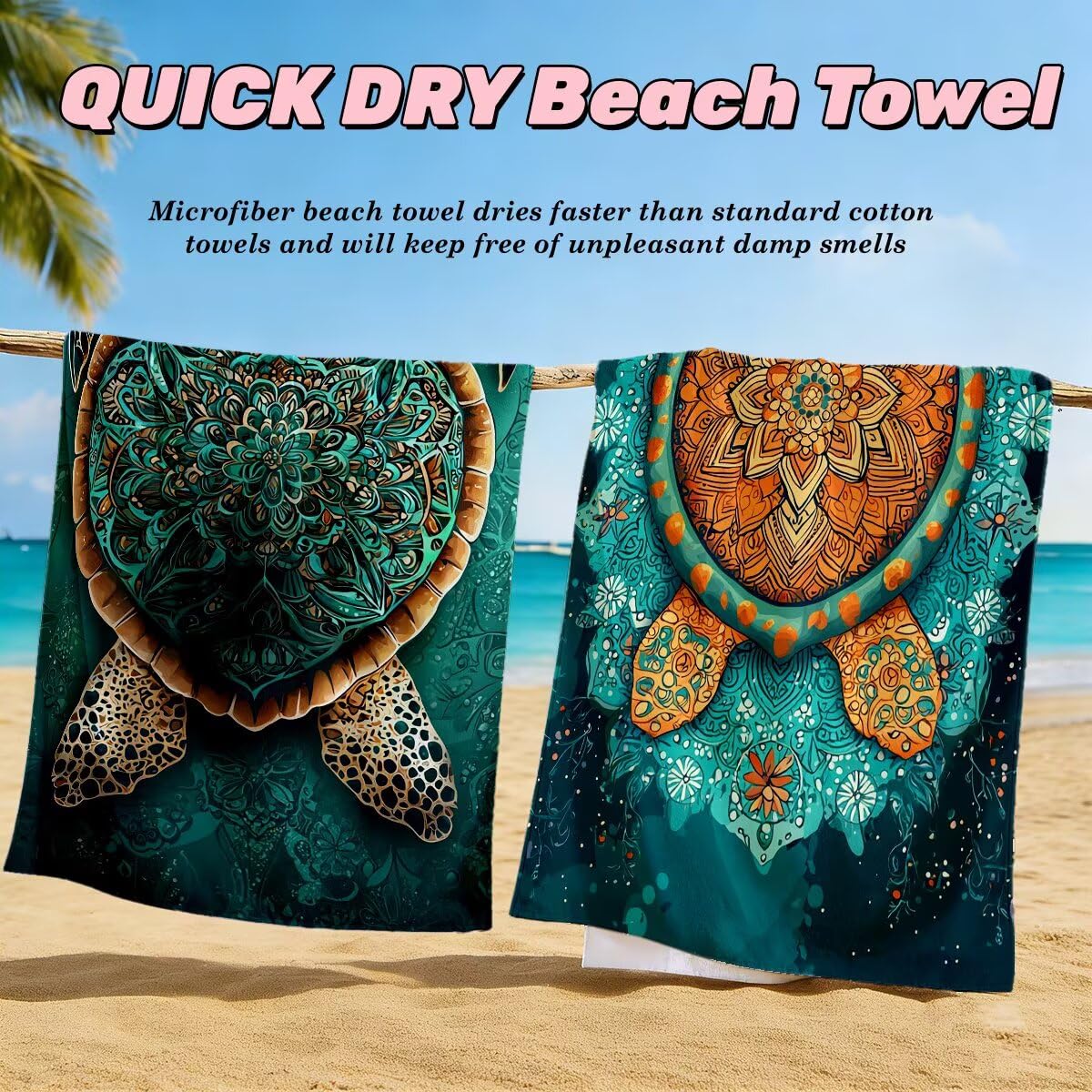 Juego de 2 Toalla Playa Grande 100x220 cm, Secado Rapido Toalla Microfibra Gimnasio, Antiarena Toallas de Playa Tortuga Marina, Grande Ligera Compacta Toallas Microfibra Mujer Hombre para Viaje -3888