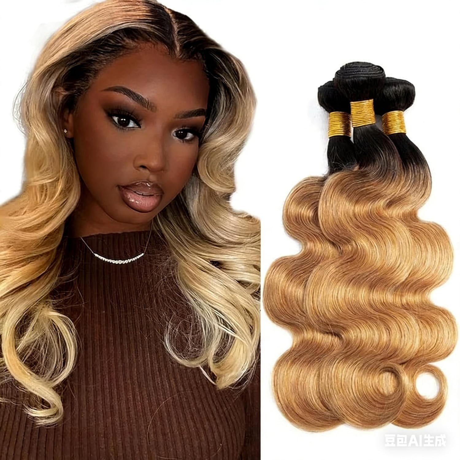 Ombre Blonde Bundles Human Hair 1B27 Body Wave Bundle Brazilian Virgin Remy Hair 3 Bundles 26 28 30 Inch Double Weft 2 Tone Black and Honey Blonde Bundle Hair Weave 300g