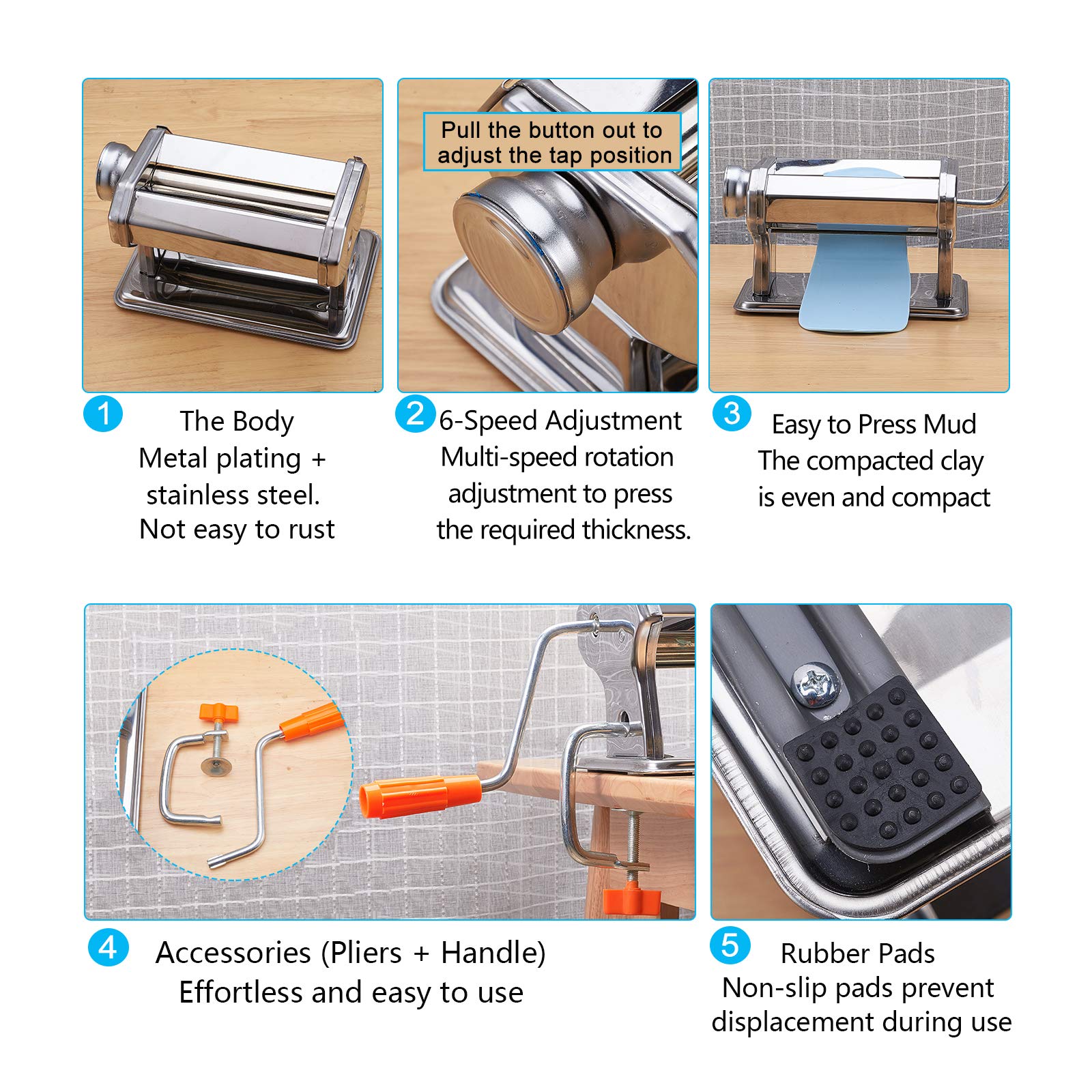 PH PandaHall Polymer Clay Press Tonpressmaschine, Handbetrieben | Handbetrieben, 6 Dickenoptionen, Zum Abflachen und Glätten, Tischklemme enthalten
