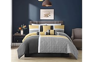Chezmoi Collection Upland 7-Piece Quilted Patchwork Comforter Set, Yellow/Charcoal/Gray, Queen