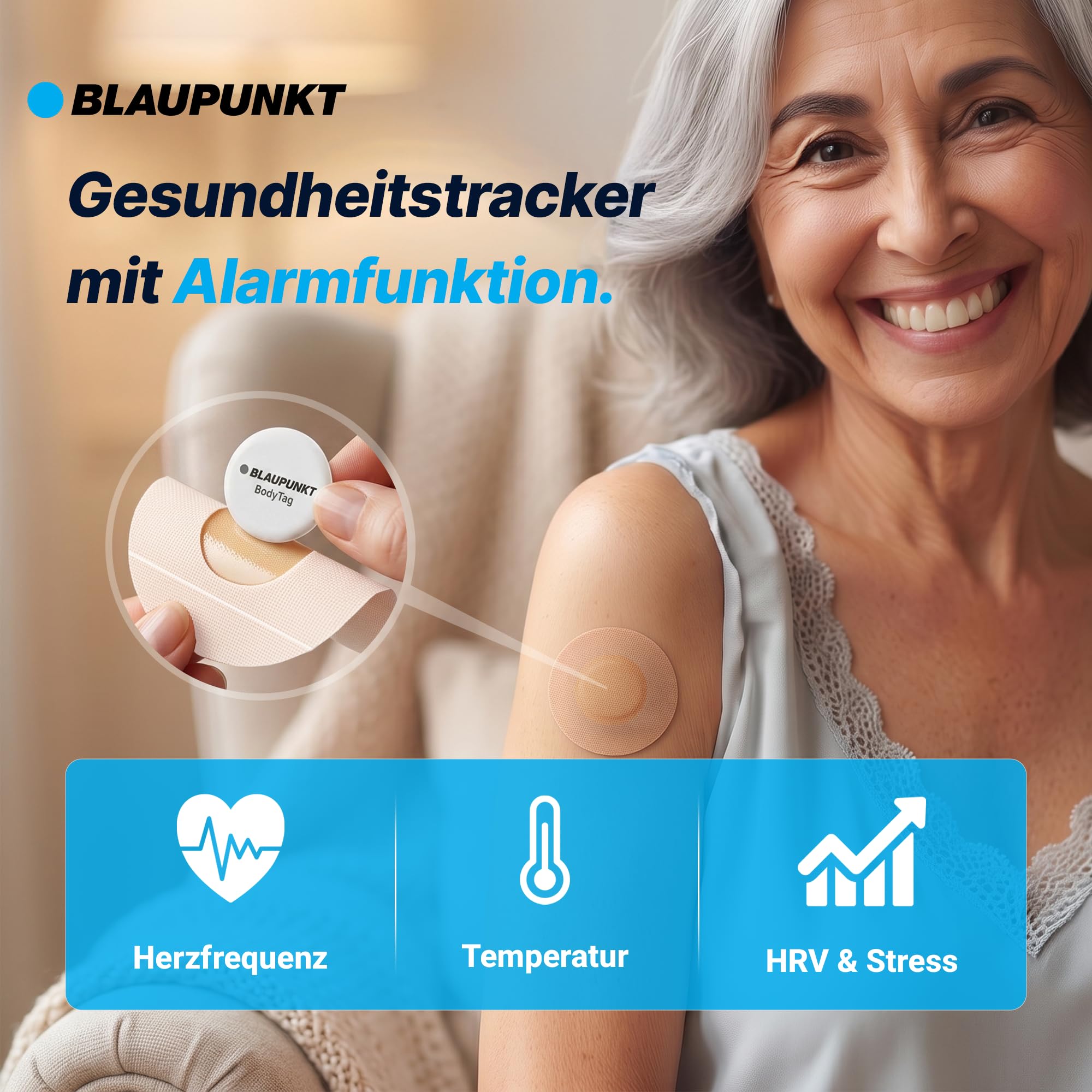 BLAUPUNKT [Test SEHR GUT, Note 1.0 BodyTag Gesundheitstracker mit Fieberthermometer & Alarm für Senioren & Erwachsene, Pflege Zubehör, Alternative zu Gesundheitsuhr & Armband