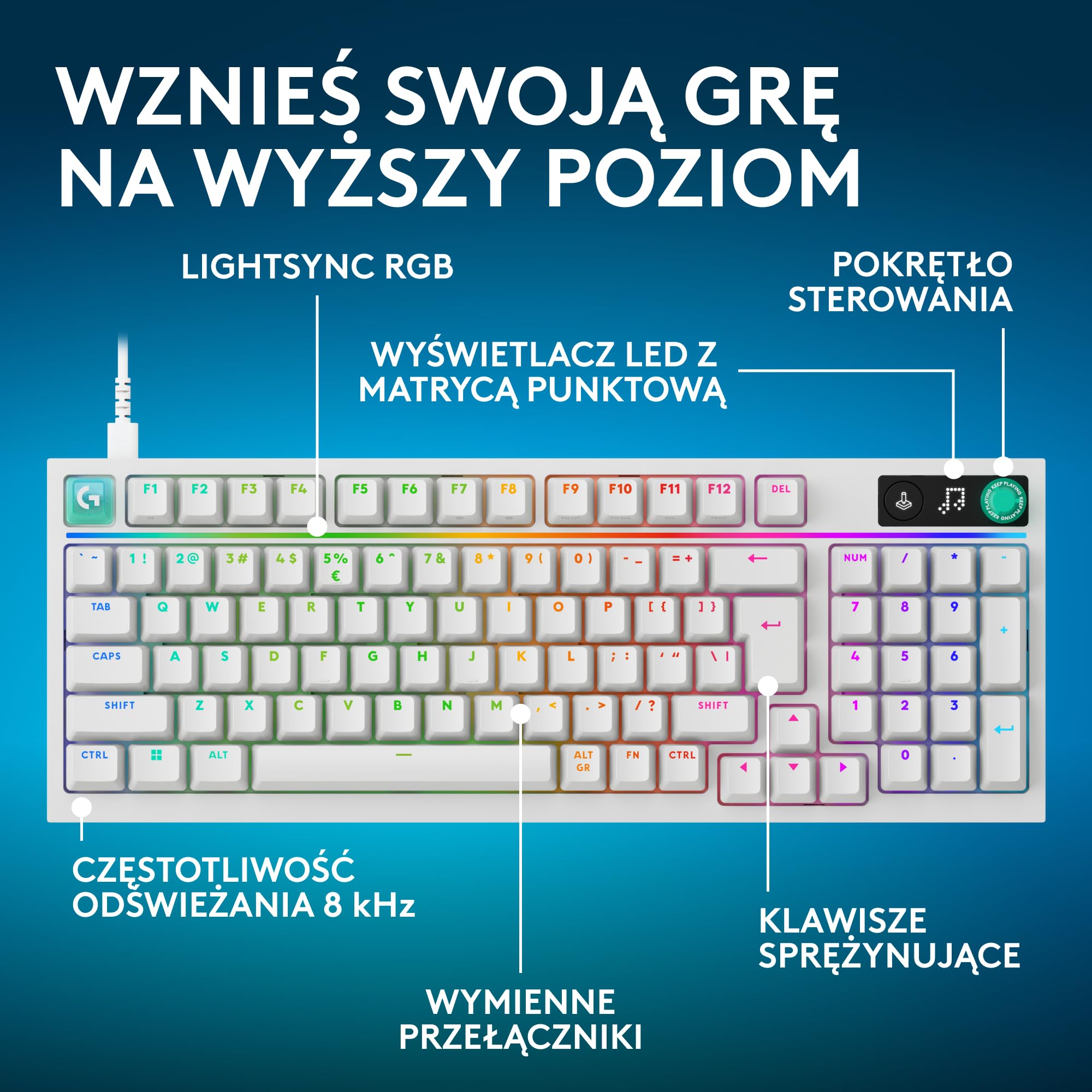 Logitech G G316 X 98, klawiatura do gier,8 kHz,wymienne sprężynujące przełączniki,konstrukcja uszczelkowa, US INT'L QWERTY+G305 X SUPERLIGHT bezprzewodowa mysz gamingowa,lekka 61 g ładowalna, PC-Biały