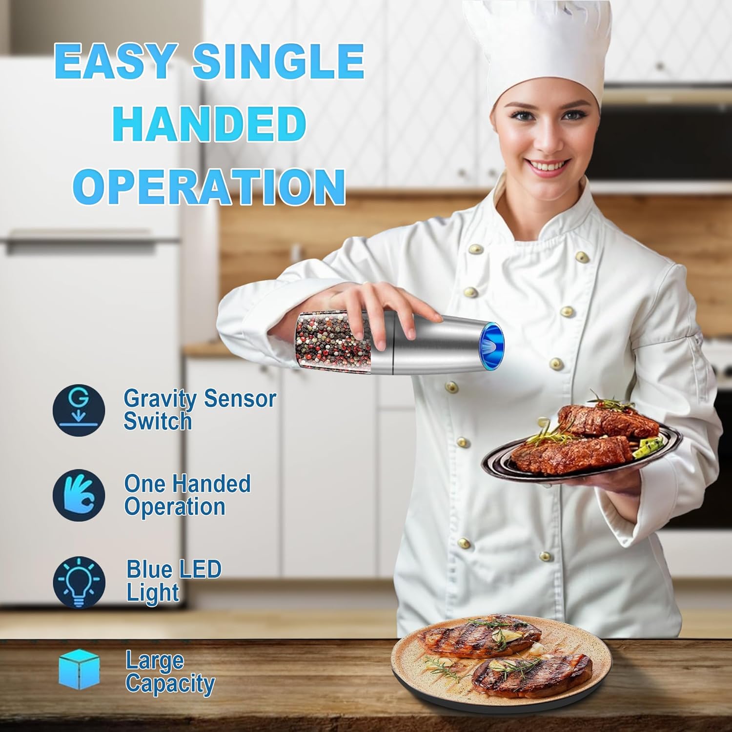 Gravity Electric Salt and Pepper Grinder Set, Automatic Shakers Mill Grinder Battery Powered with LED Light, Adjustable Coarseness, One Hand Automatic Operation, 2 Pack - Silver, TSG01