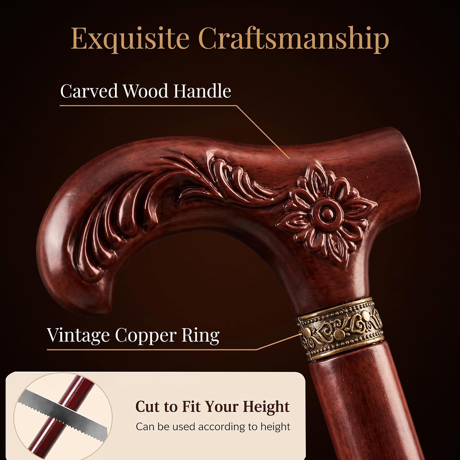 Wooden Walking Cane for Men and Women, Carved Cool Hardwood Cane Stick