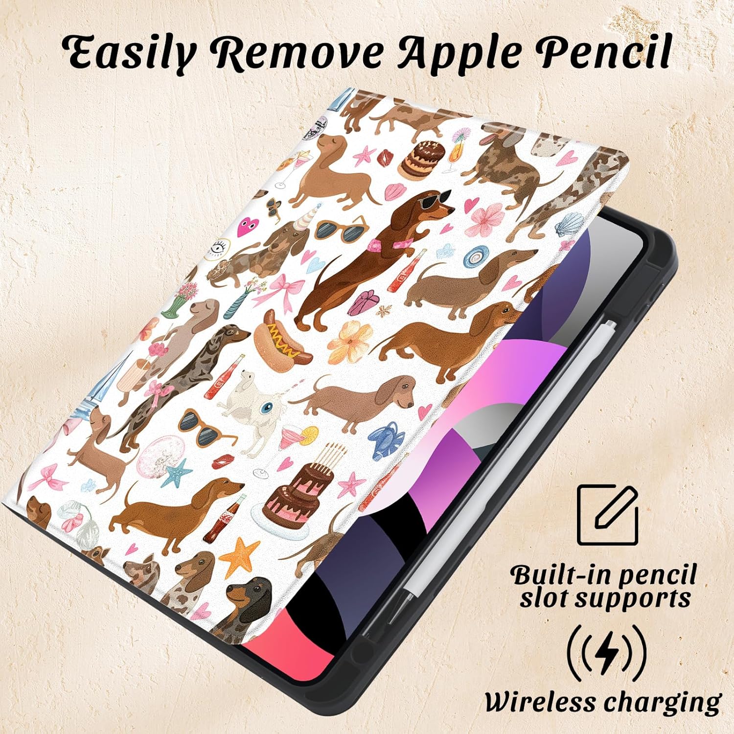 Idocolors Cute Dachshund Case for 13" iPad Pro M4 2024 with Pencil Holder, Auto Wake/Sleep Leather Soft TPU Back Cover for Women Girls