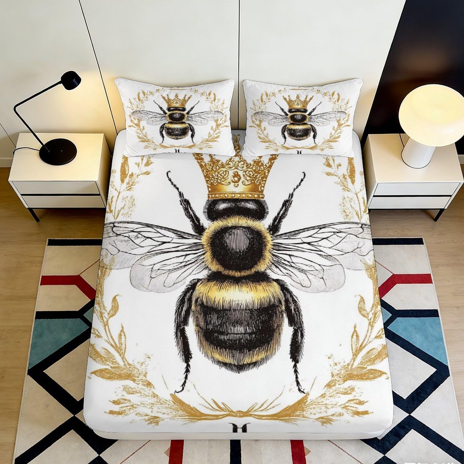 3D Printed Queen Bee Crown Fitted Sheet Microfiber Soft Anti-Slip Mattress Cover for Bedroom Dorm Easy Care Gold Decor 90x200x25cm