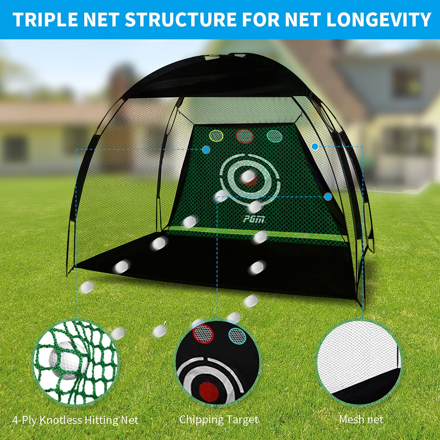 PGM Golfnetz für Hinterhof, Golfübungsnetz, 3x2x1.8 m, für Schwungschlag, Chipping mit Zielscheibe, Indoor/Outdoor/Garage/Auffahrt, Golf-Geschenk