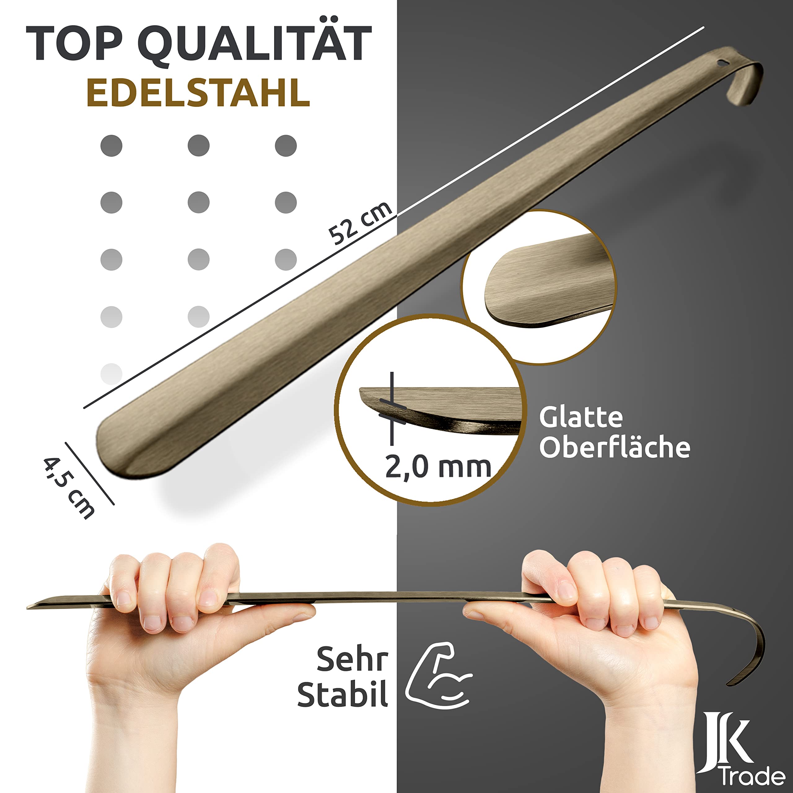 JK Trade® Calzador de acero inoxidable estable de 52 cm, largo de 2 mm, de metal pulido, largo para pie, rápido y fácil, longitud y ancho optimizados, cuerno para zapatos, negocios, colgable