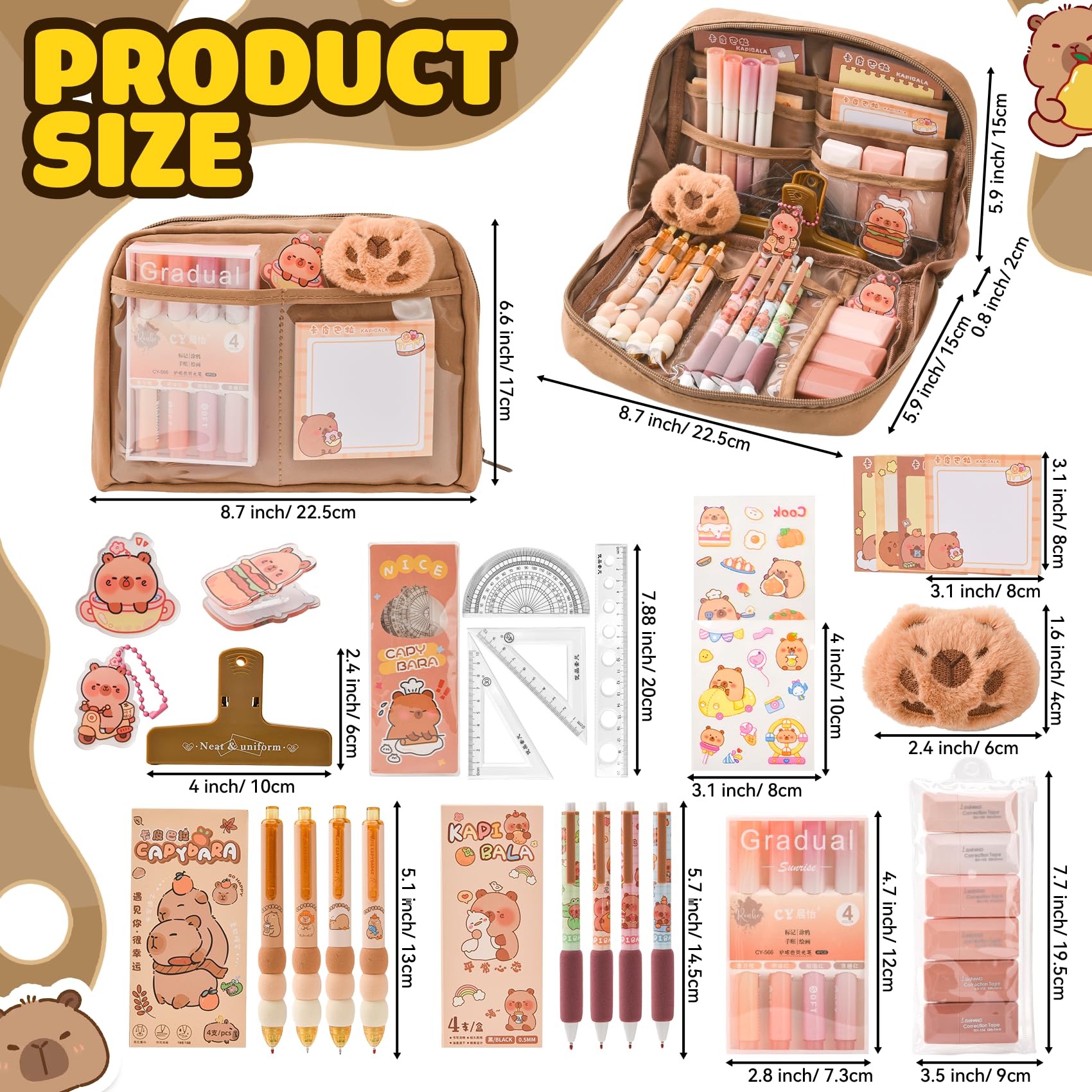 Capybara Schreibwaren Set, Capybara Federmäppchen mit Fächern, Süßes Capybara Mäppchen Geschenkset für Kinder & Schüler, Inkl. Stifte, Clips, Linealen und Mehr, für Schule, Büro, Kunst