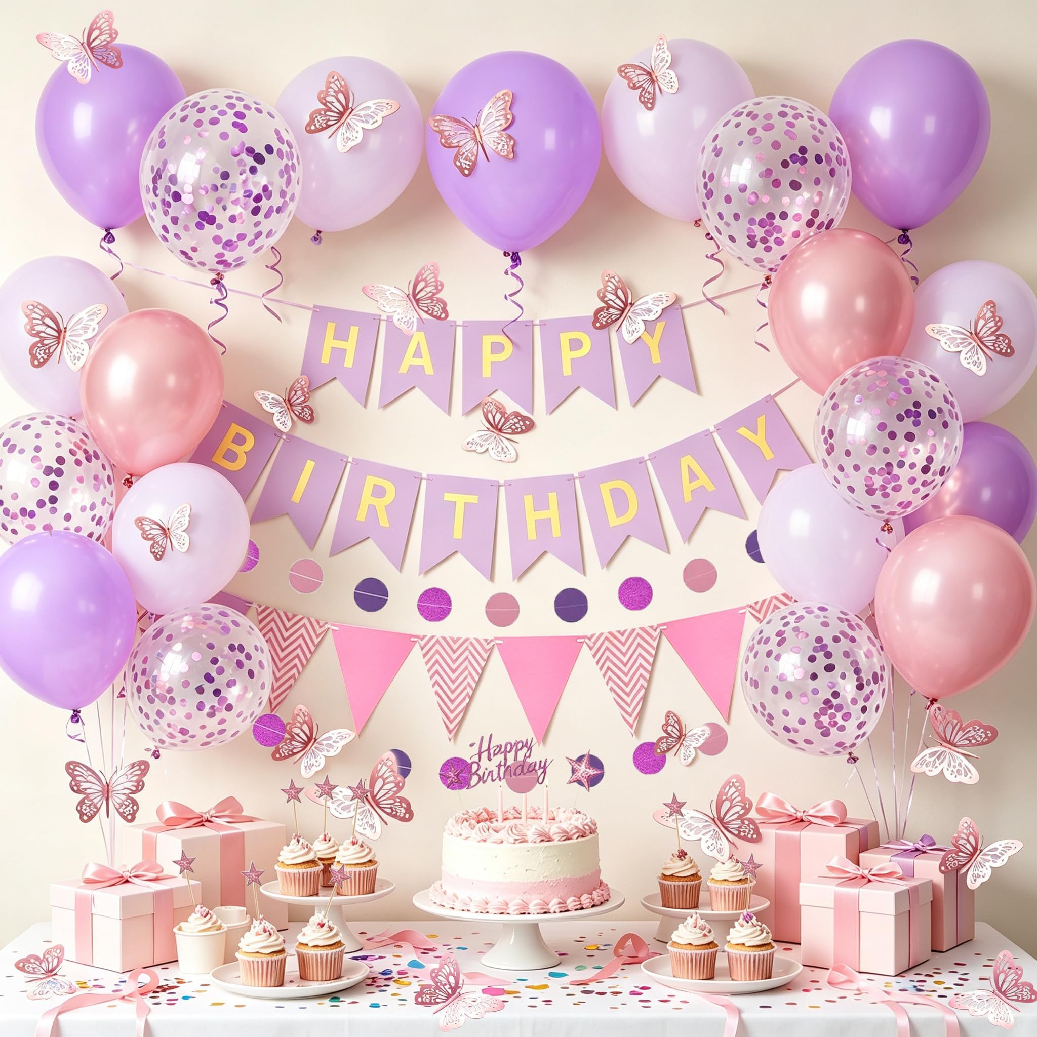 Purple and Pink Birthday Decorations, Happy Birthday Banner and Purple Pink Balloons, Butterfly Stickers and Circle Dot Paper Garland, Bunting Banner, for Women Girls Party Decoration