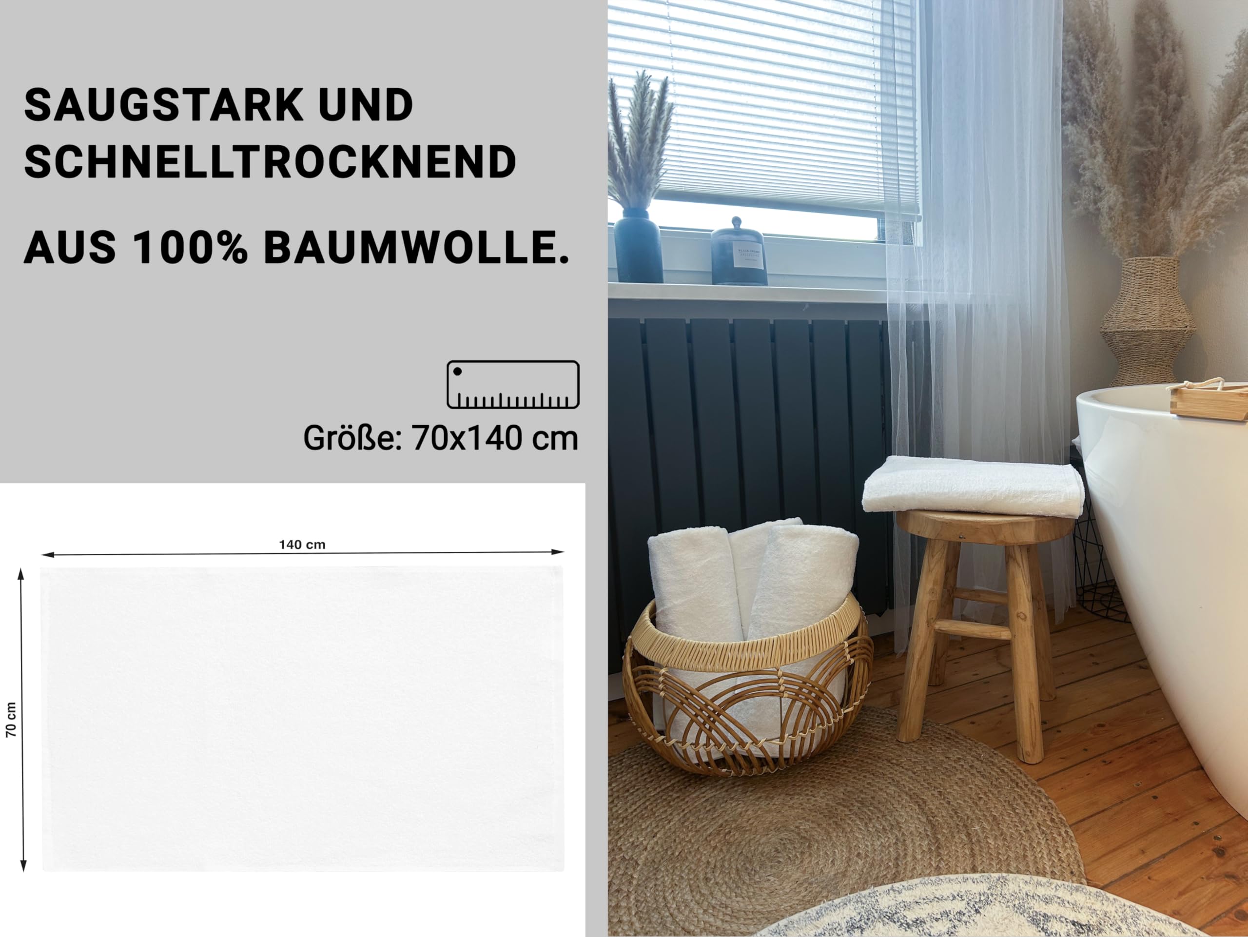 ZOLLNER 5er Set Duschtücher 100% Baumwolle, 70x140 cm, Weiß