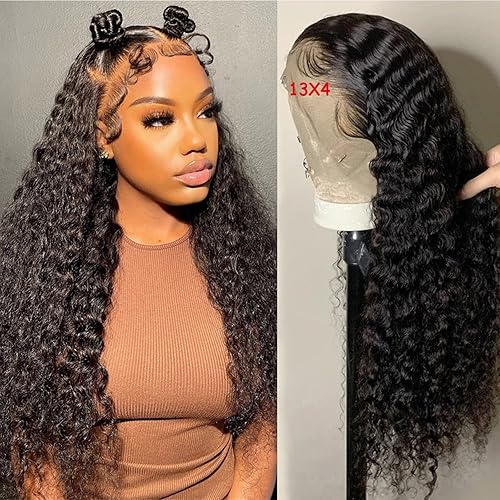 24Inch Deep Wave Lace Front Wigs Human Hair 150% Density Brazilian Virgin 13X4 Deep Wave Frotnal Wigs for Fashion Women Human Hair Pre Plucked with Baby Hair Natural Color(24Inch)