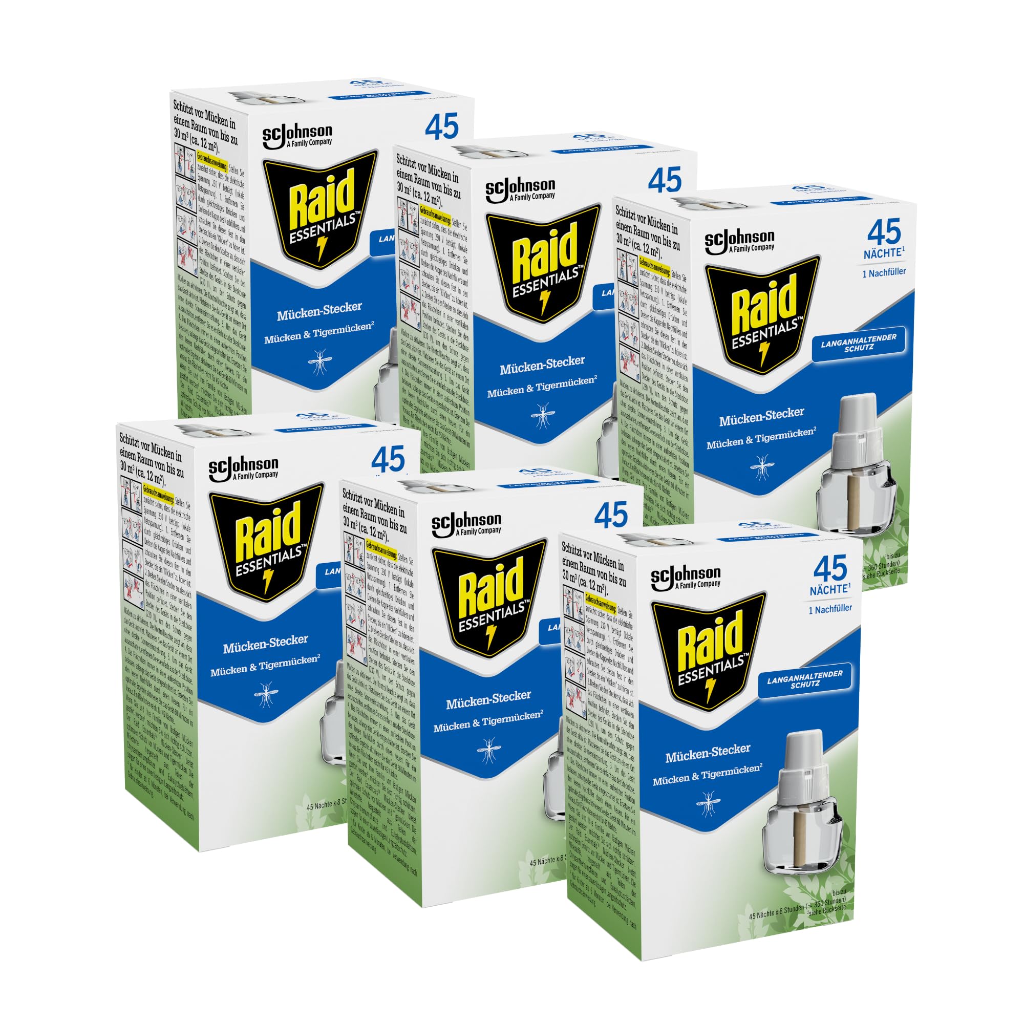 Raid Essentials Mückenstecker 45 Nächte Nachfüller, elektrischer Insektenschutz vor Mücken & Tigermücken, mit pflanzlichen Wirkstoffen, geruchsneutral, 6er Pack (6 x 32 ml)